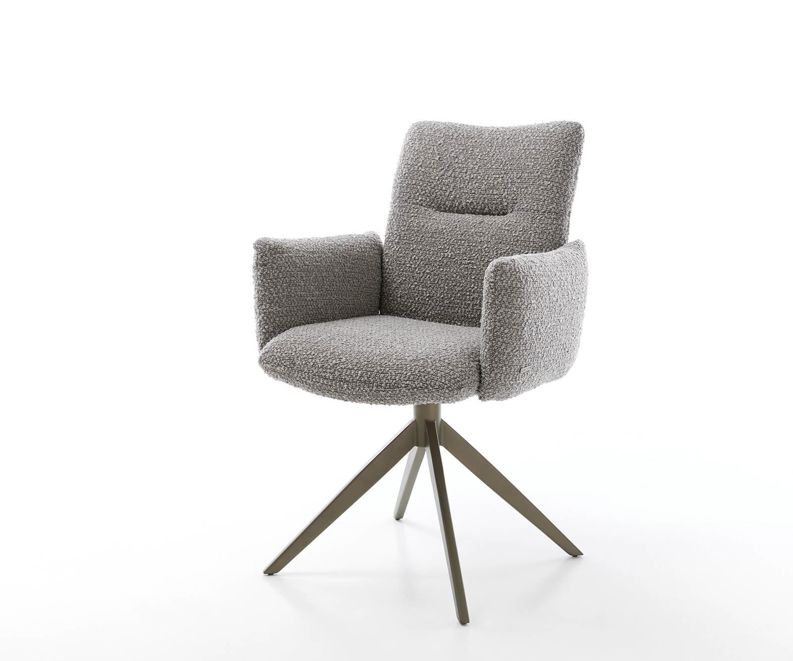 Chaise-pivotante Jova-Flex avec accoudoirs bouclé gris argenté pied croisé large aspect titane pivotement sur 360° ressorts ensachés