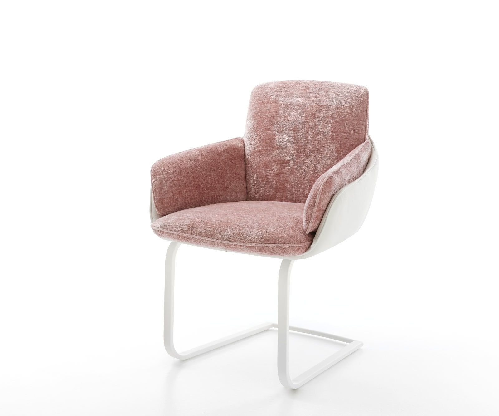 Cantilever Luan-Flex avec accoudoirs tissu mixte cuir de vache blanc-rose pied cantilever plat blanc Cantilever Luan-Flex avec accoudoirs tissu mixte cuir de vache blanc-rose pied cantilever plat blanc