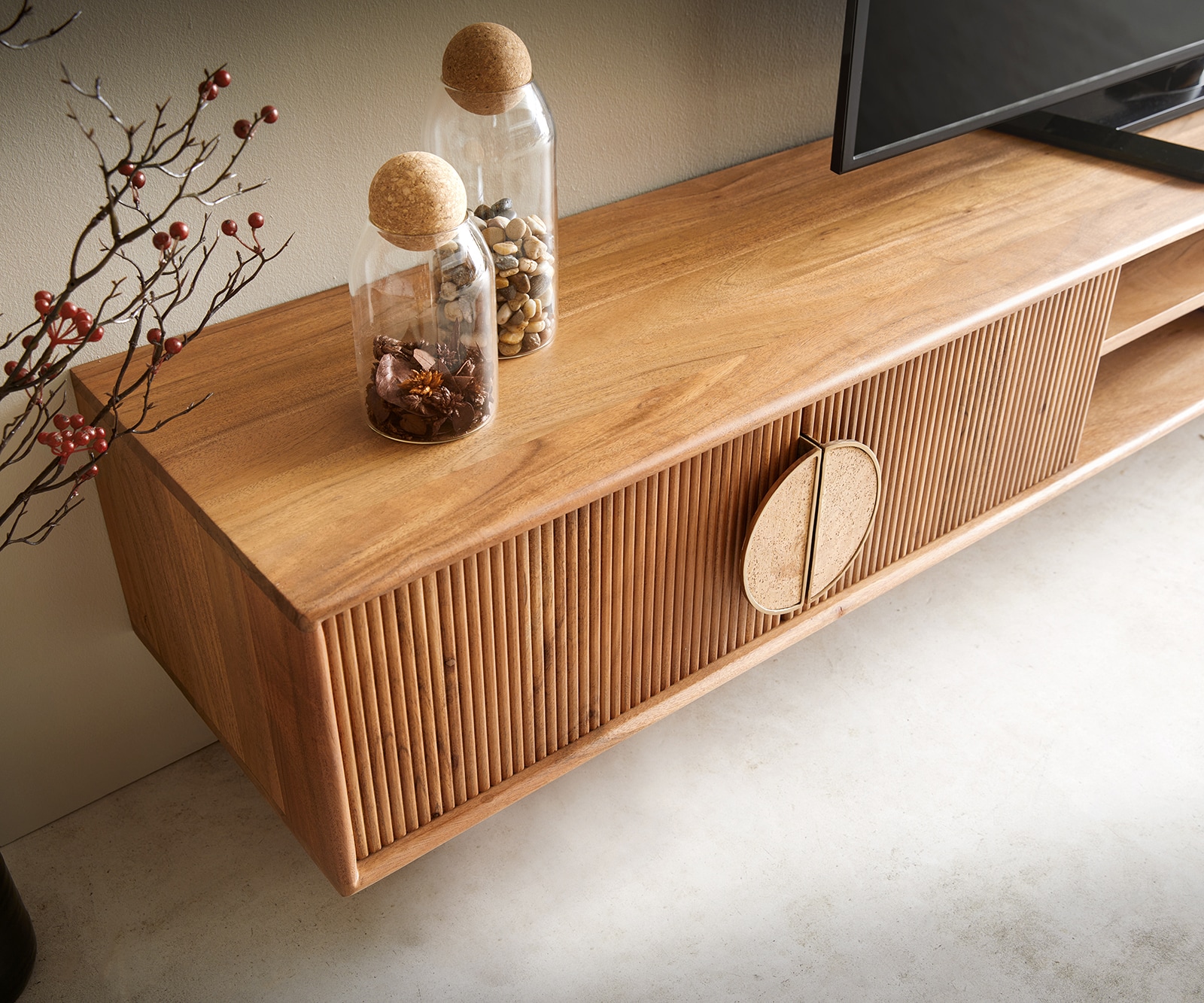 Meuble-TV Surimu 240 cm acacia brun clair 4 portes 2 compartiments liège-poignée flottante 6 Meuble-TV Surimu 240 cm acacia brun clair 4 portes 2 compartiments liège-poignée flottante 6