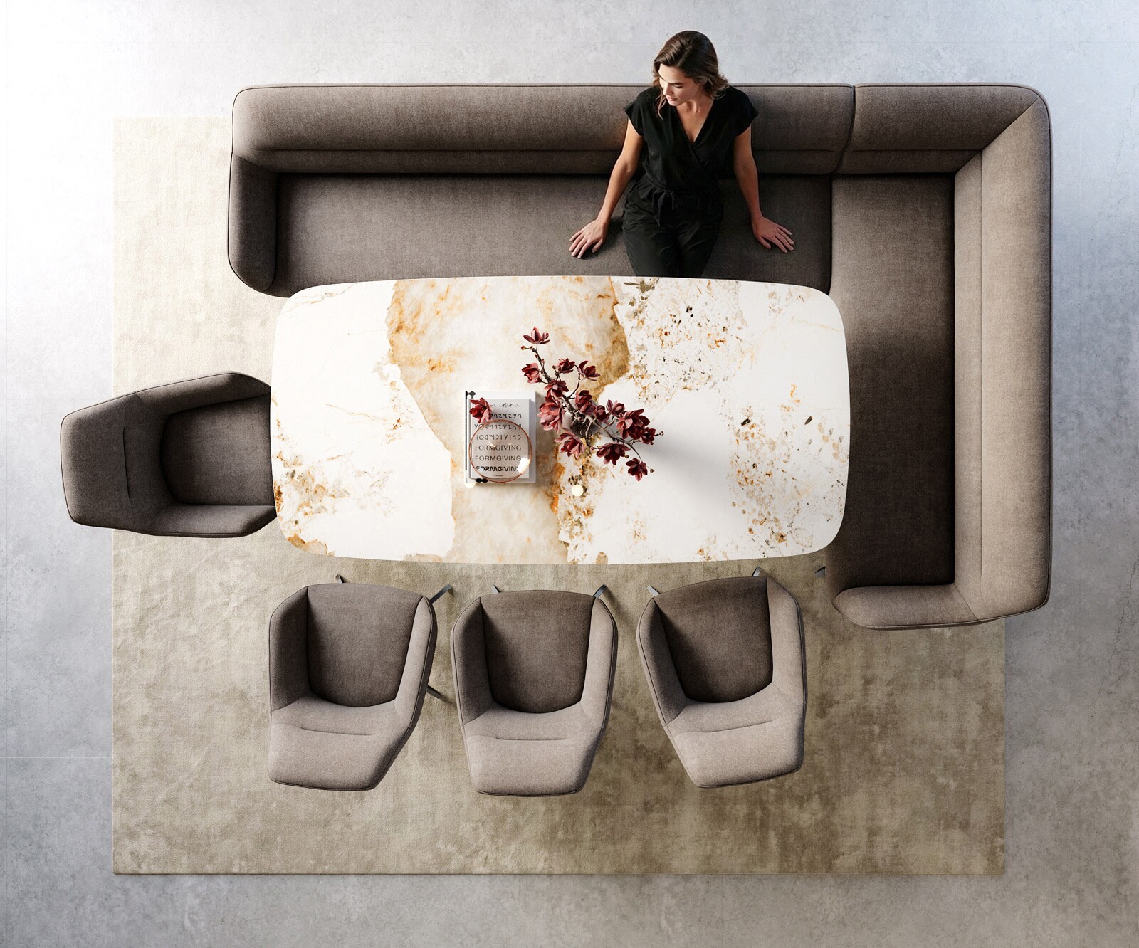 Banc-de-salle-à-manger Taya-Flex 285x190 cm tissu structuré doux taupe pied croisé angulaire grafiete ressort ensaché liens 6