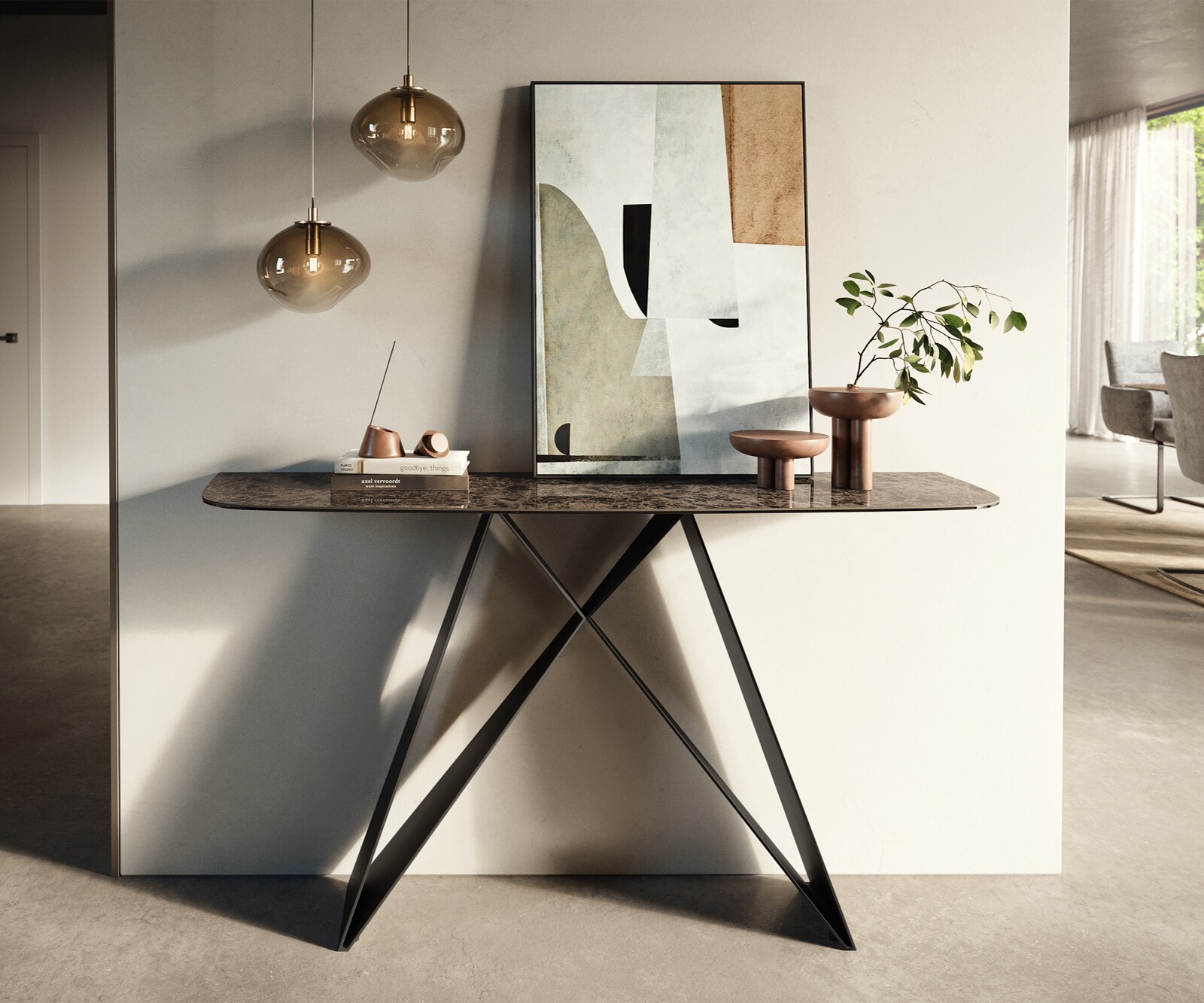 Console Edge forme bateau 140x40 cm Céramique Emperador Extra Lucidato Dunkelbraun Velio Métal Noir