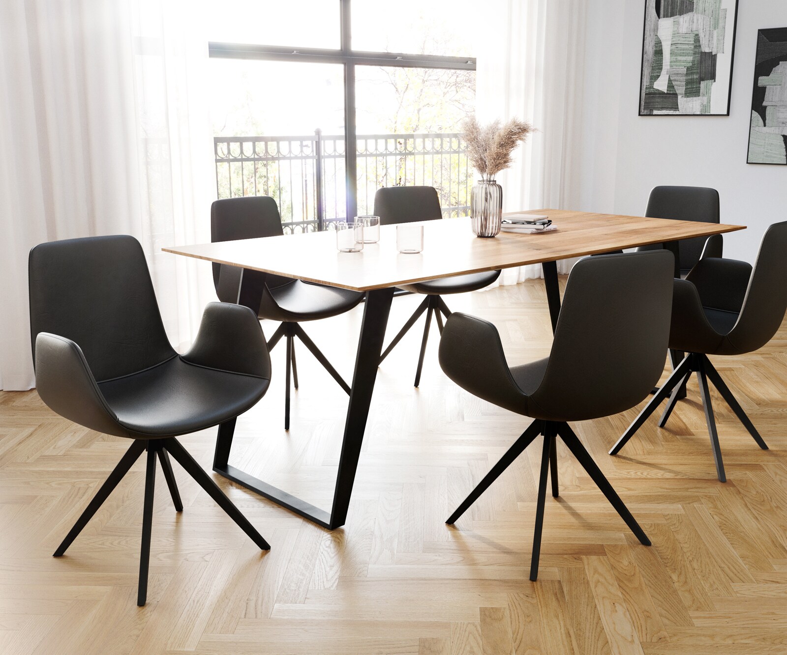 Chaise-de-salle-à-manger Ilia-Flex avec accoudoirs cuir de vache noir pied croisé angulaire noir 3 Chaise-de-salle-à-manger Ilia-Flex avec accoudoirs cuir de vache noir pied croisé angulaire noir 3