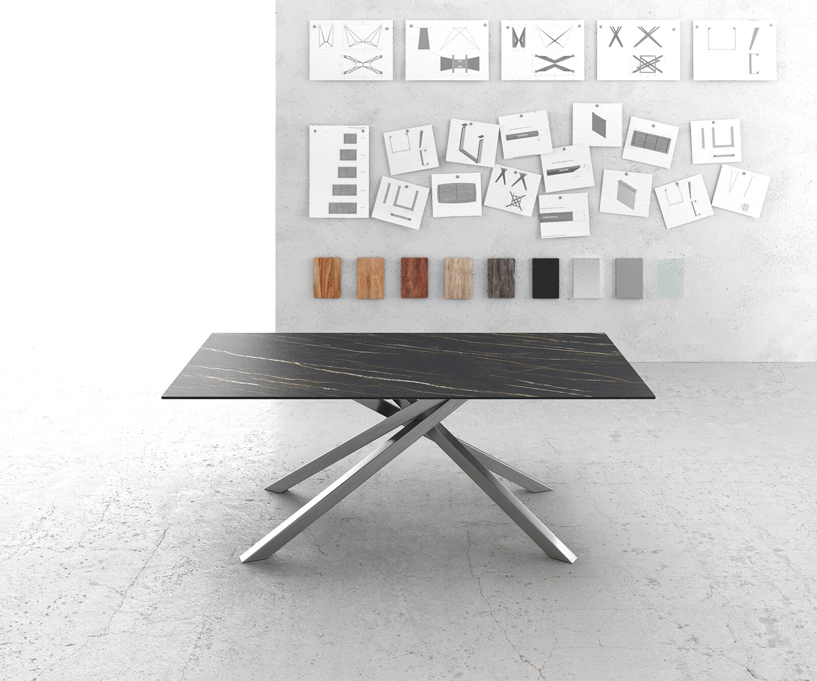 Table-à-manger Edge 200x100cm Laminam® céramique marron pieds milieu croisé argent 1