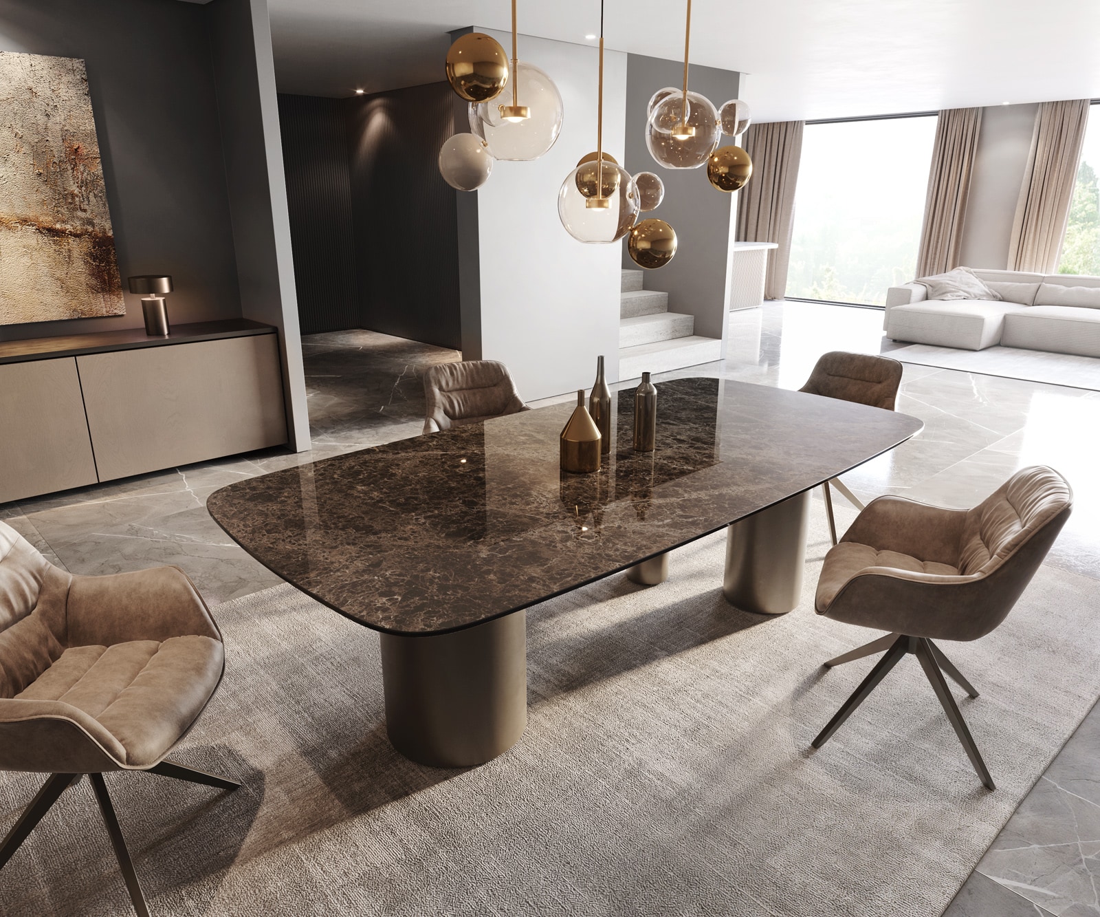 Table de salle à manger Edge Boot Céramique Emperador Extra Lucidato Brun foncé 240x120 Troa Métal finition effet Titane