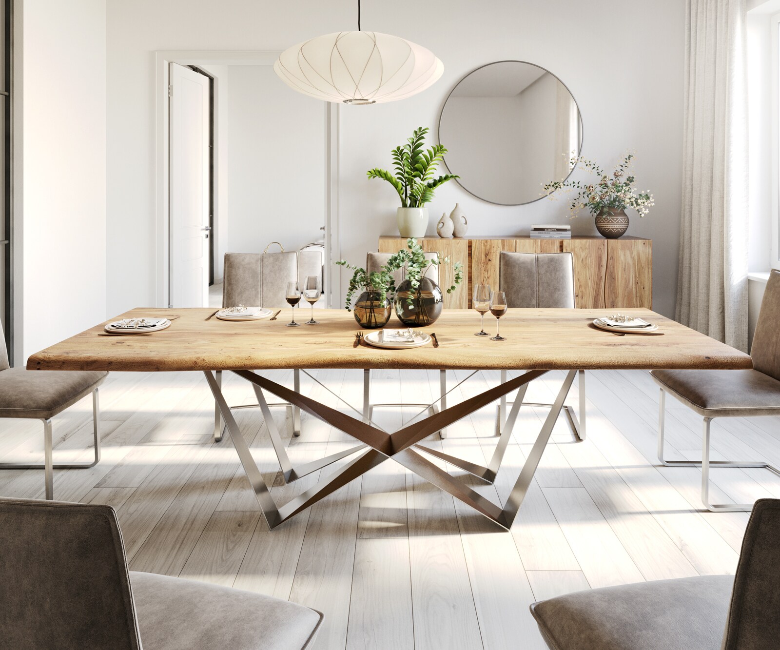 Table à manger Edge 260x100 Acacia Naturel Spider Acier Plat Acier Inoxydable Live-Edge 1