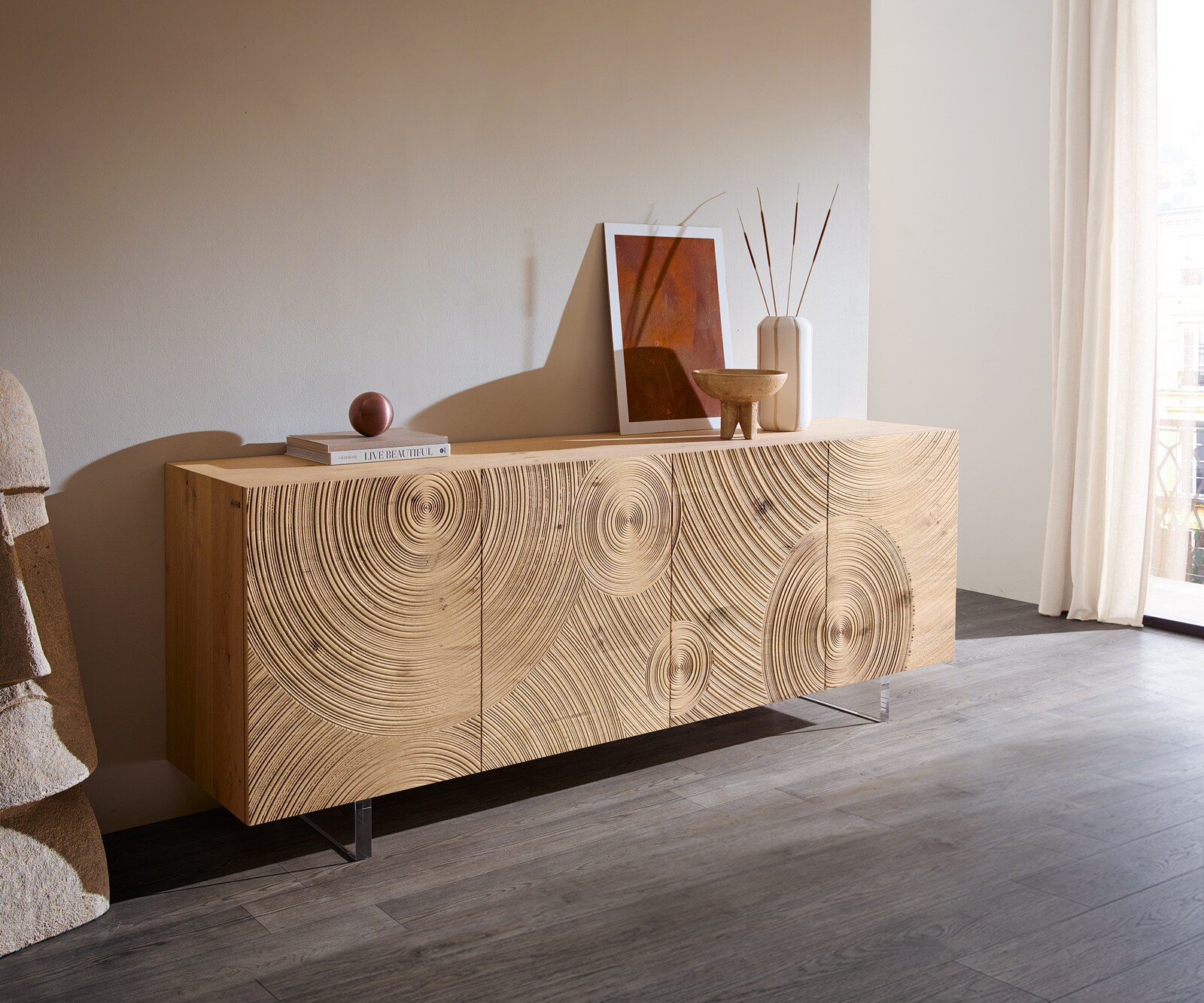 Buffet Ashara 200 cm chêne naturel effet 3D 4 portes pieds effet flottant verre acrylique 1