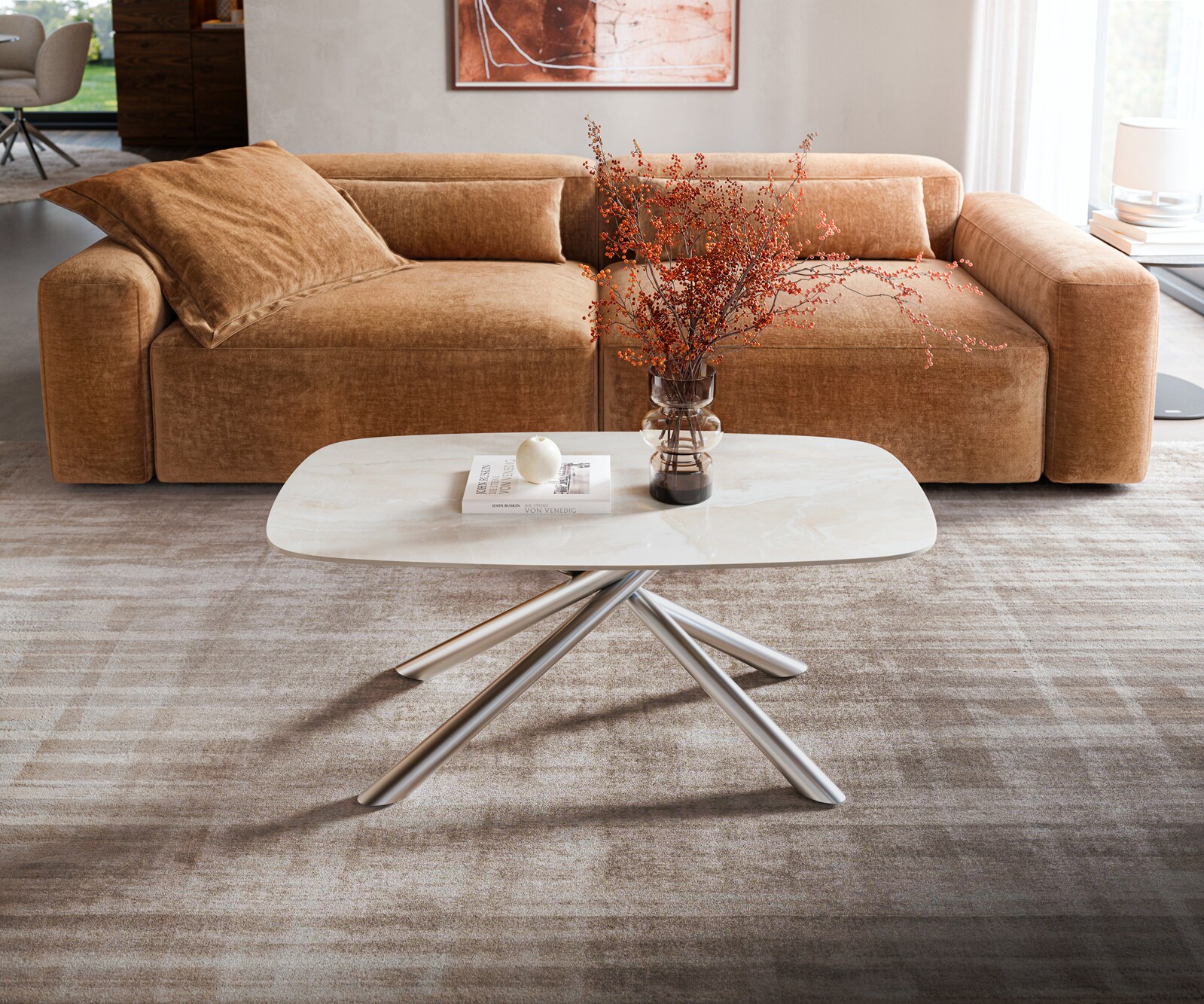 Table basse Edge forme bateau 100x50 cm céramique Onyx Champagne Sarity acier inoxydable brossé 2