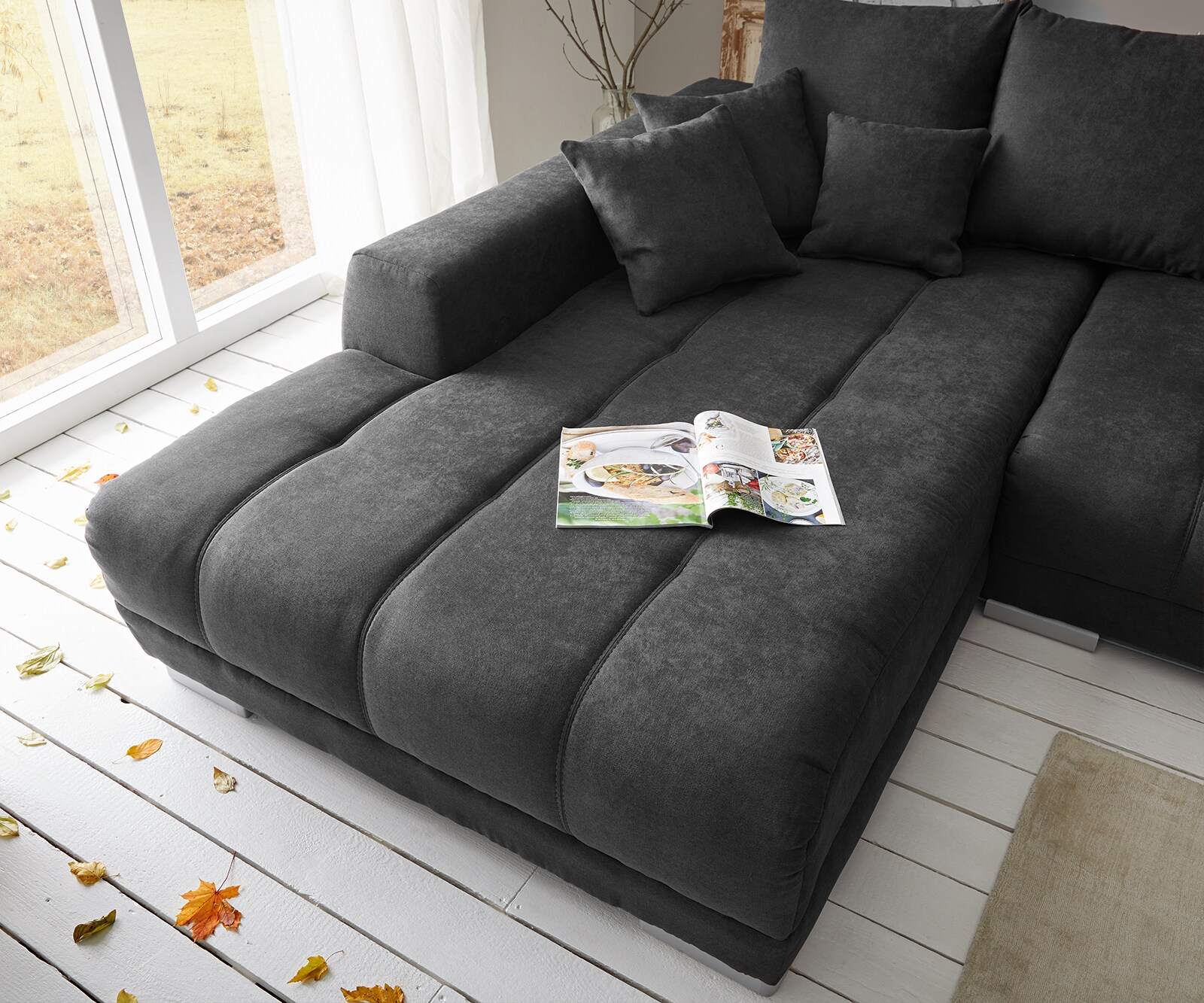 Canapé-panoramique Josea 300x220 cm microfibre noir recamière à gauche 4