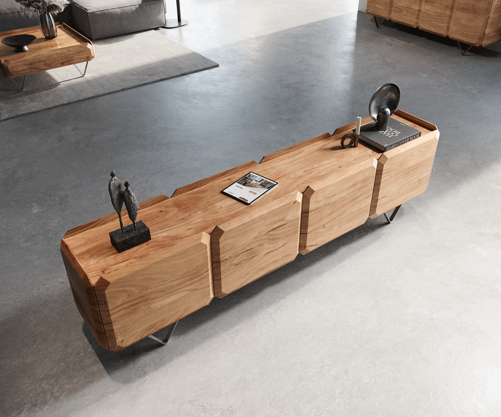 Meuble-bas Kiano 220 cm Acacia Nature 4 Portes Pied en V Acier inoxydable Séparateur de pièce 3 Meuble-bas Kiano 220 cm Acacia Nature 4 Portes Pied en V Acier inoxydable Séparateur de pièce 3