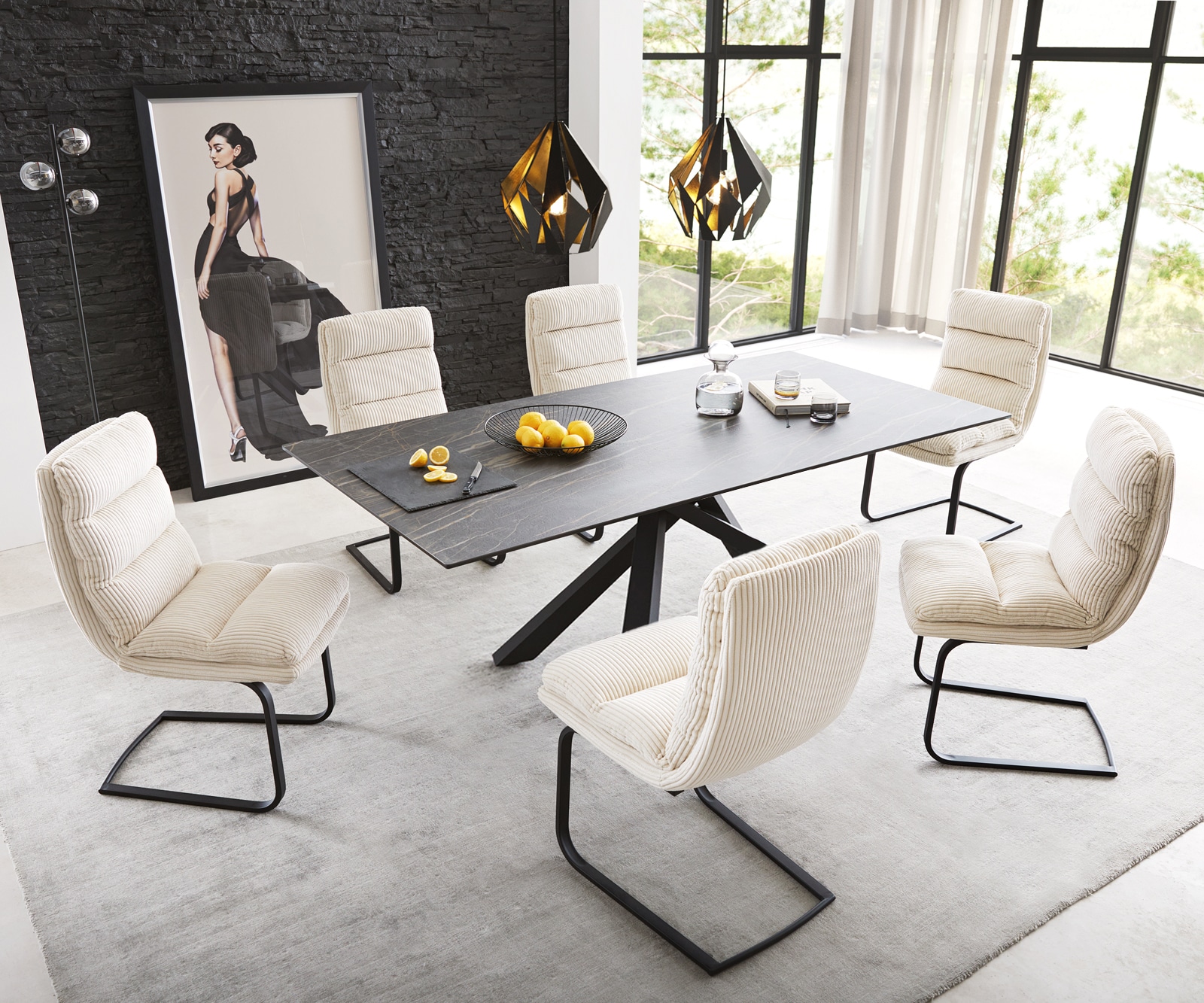 Table-à-manger Edge 200x100cm Laminam® céramique marron pieds milieu croisé noir 6