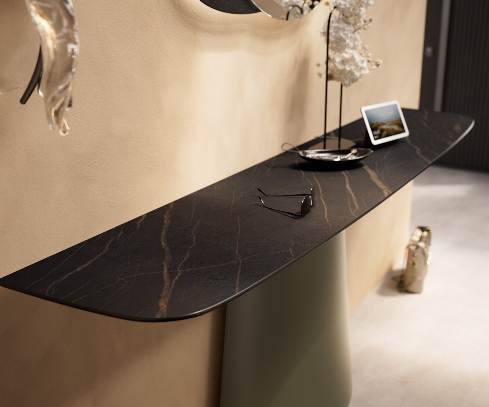 Console Edge forme bateau 180x40 cm Céramique Laminam® Noir Desir Braun Conos Métal Effektfinish Titan 6
