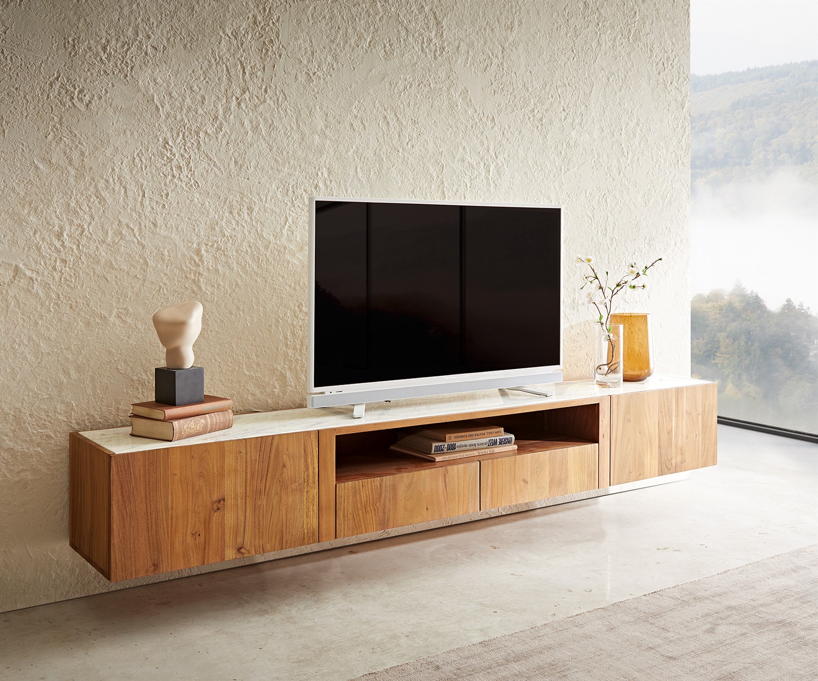 Meuble-TV Secara 220 cm acacia naturel 2 portes 2 tiroirs marbre flottant Meuble-TV Secara 220 cm acacia naturel 2 portes 2 tiroirs marbre flottant