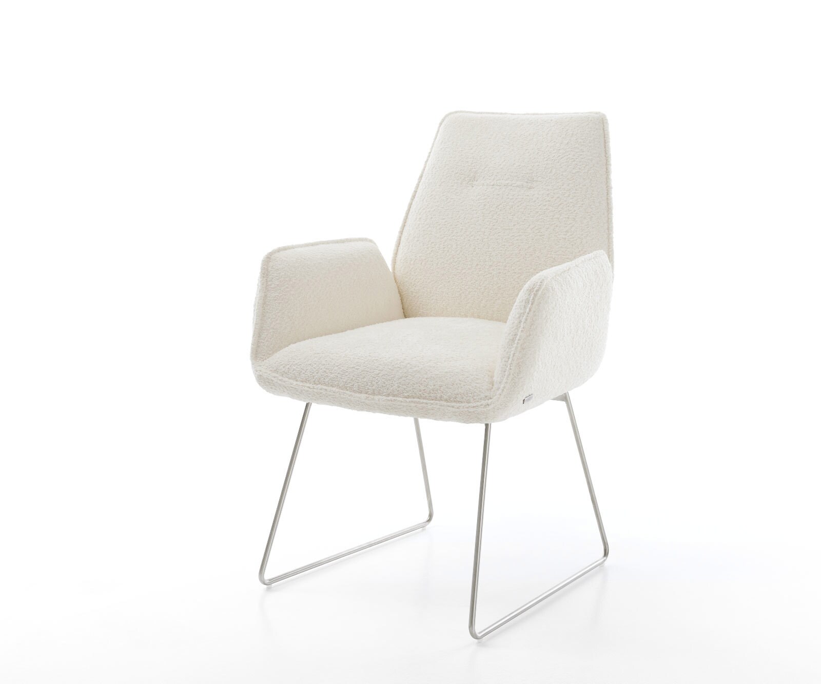 Chaise-de-salle-à-manger Zoa-Flex bouclé blanc pied trapèze acier inoxydable brossé ressorts ensachés