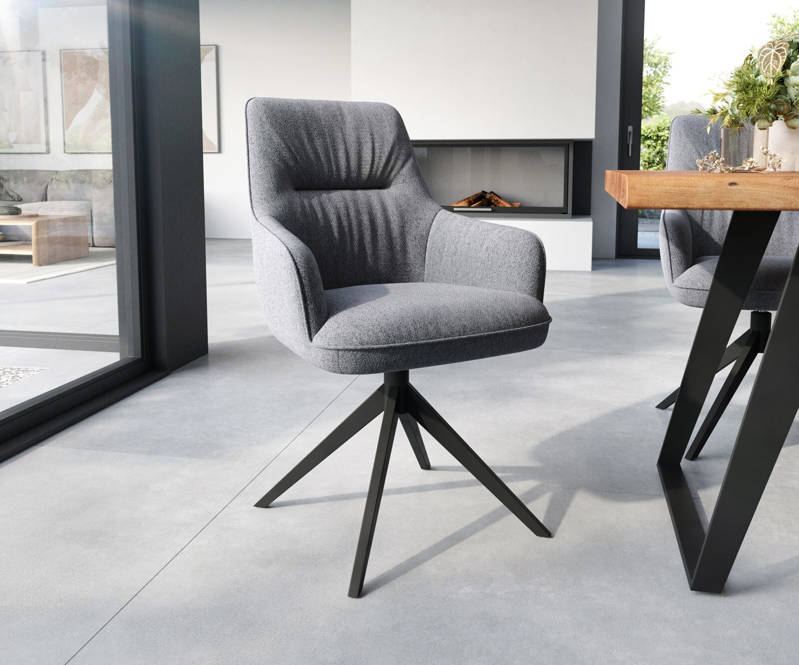 Chaise-de-salle-à-manger Zelia-Flex avec accoudoirs tissu texturé gris clair pied croisé large noir ressorts ensachés