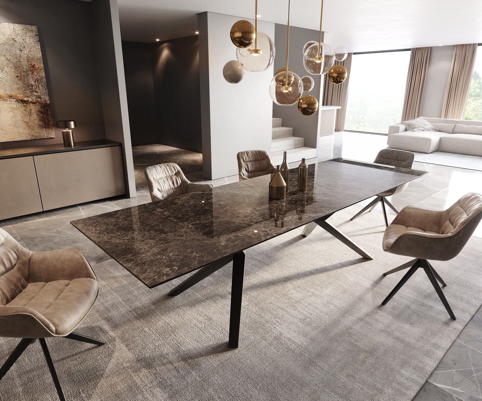 Table de salle à manger Edge Céramique Emperador Extra Lucidato Brun foncé 300x100 Zenthara angulaire Métal Noir 2