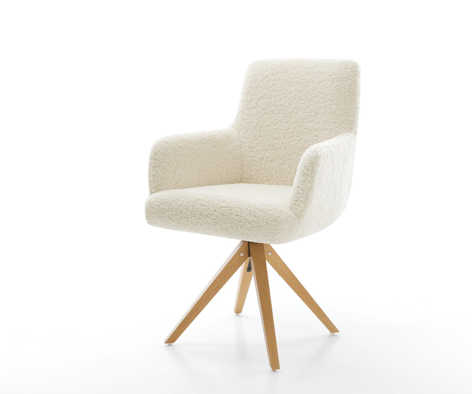 Chaise-pivotante Heira-Flex avec accoudoirs tissu teddy beige pied en bois angulaire naturel pivotement sur 180° resorts ensachés