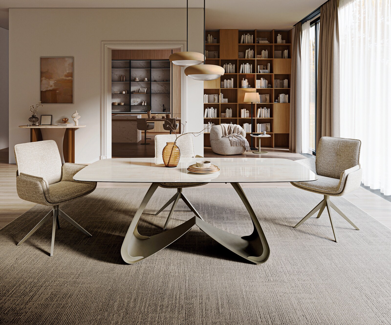 Table à manger Edge bateau 200x100 cm céramique Onyx Champagne piètement en W métal finition effet titane 2