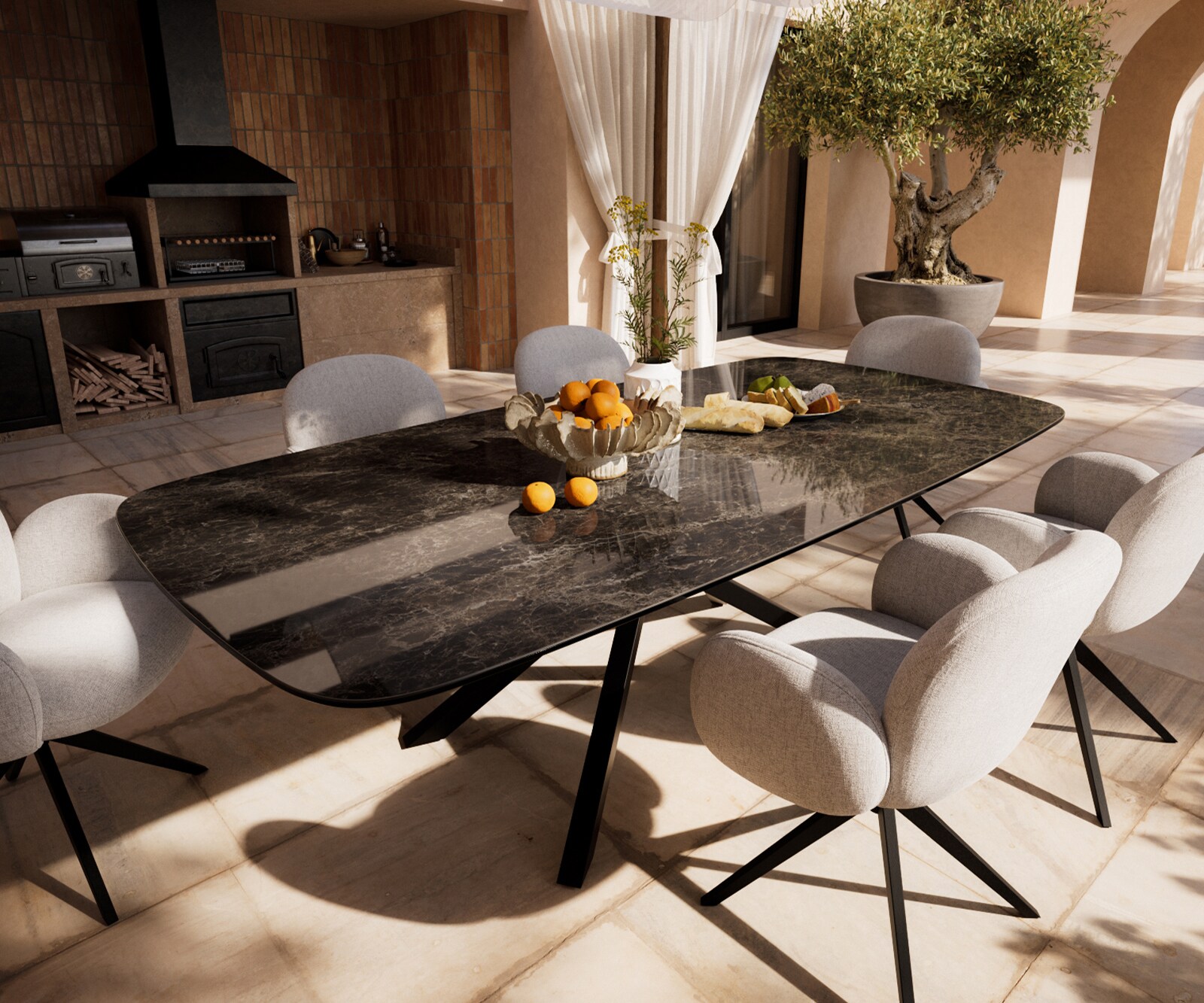 Table d’extérieur Edge Boot 240x120 cm céramique Laminam® Emperador Extra Lucidato brun foncé piètement croisé rectangulaire noir