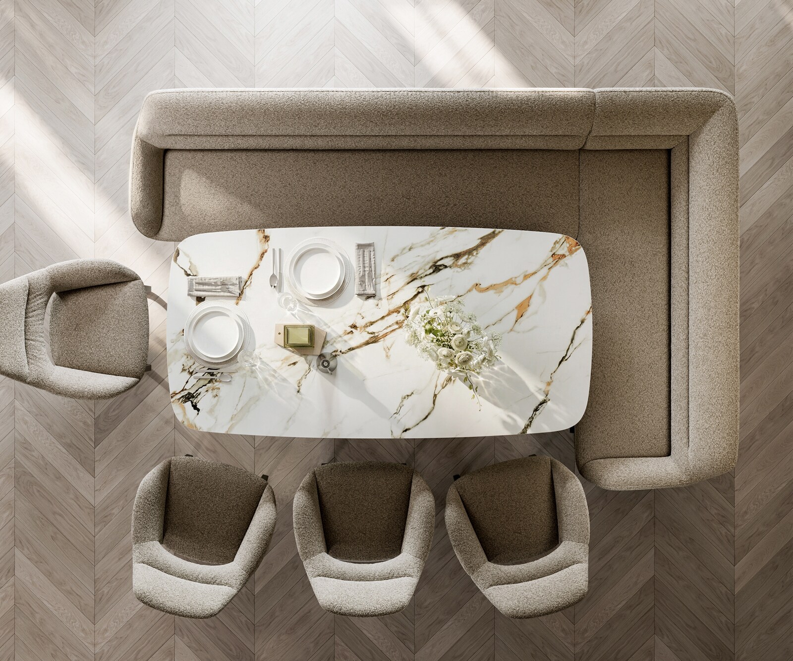 Banc-de-salle-à-manger Taya-Flex 285x190 cm bouclé boue châssis à patins plat noir ressort ensaché liens 6