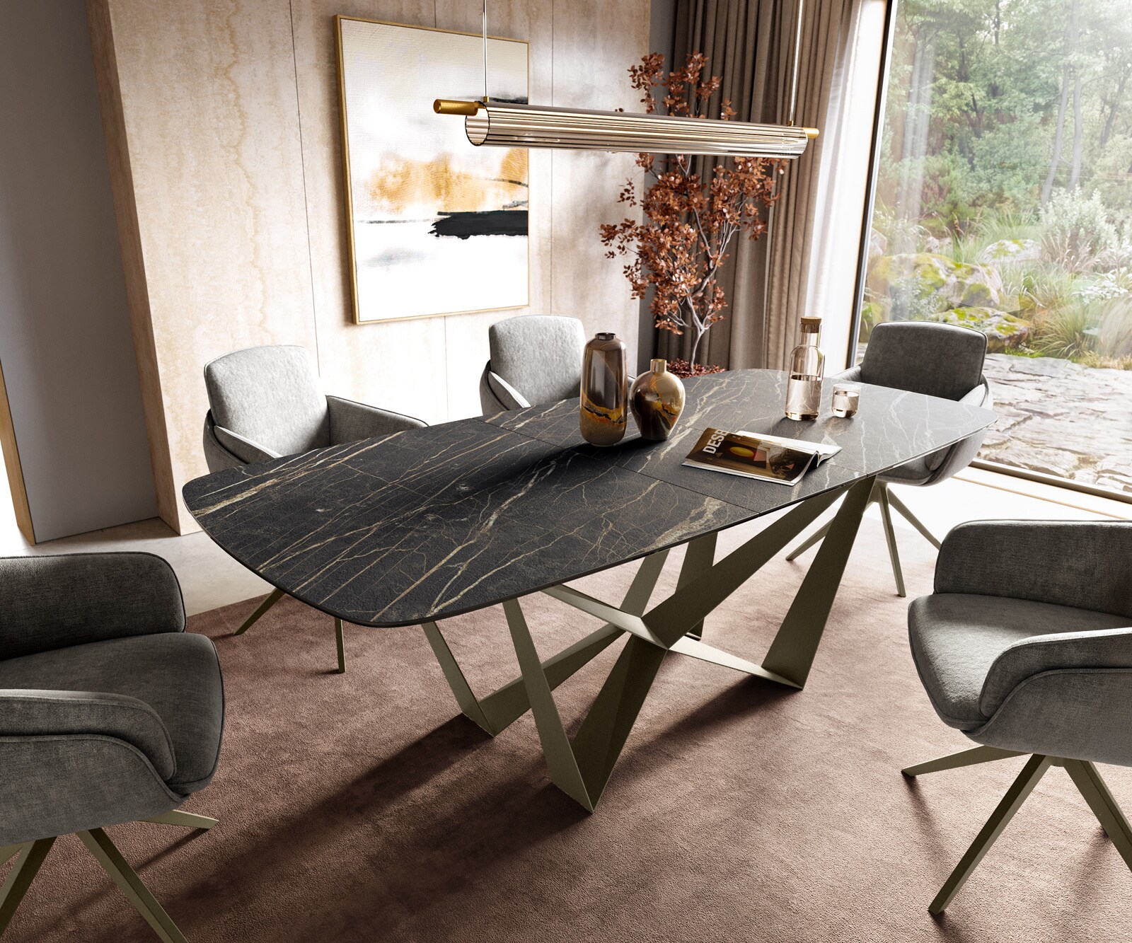 Table à manger Edge Boot 180-220x100 cm Laminam® Céramique Noir Desir Braun Spider Métal Finition effet Titan extensible 1