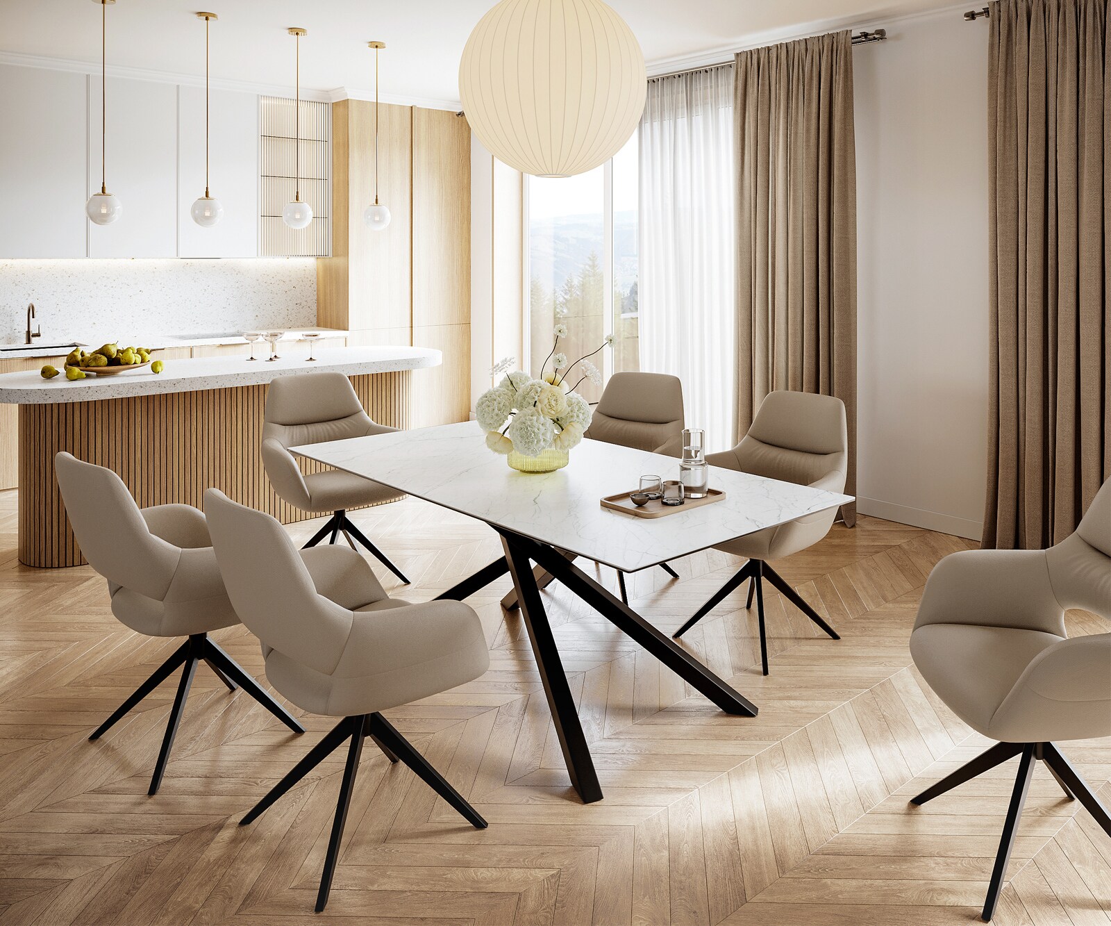 Table-à-manger Edge 200x100cm Laminam® céramique blanc pieds milieu croisé noir 5