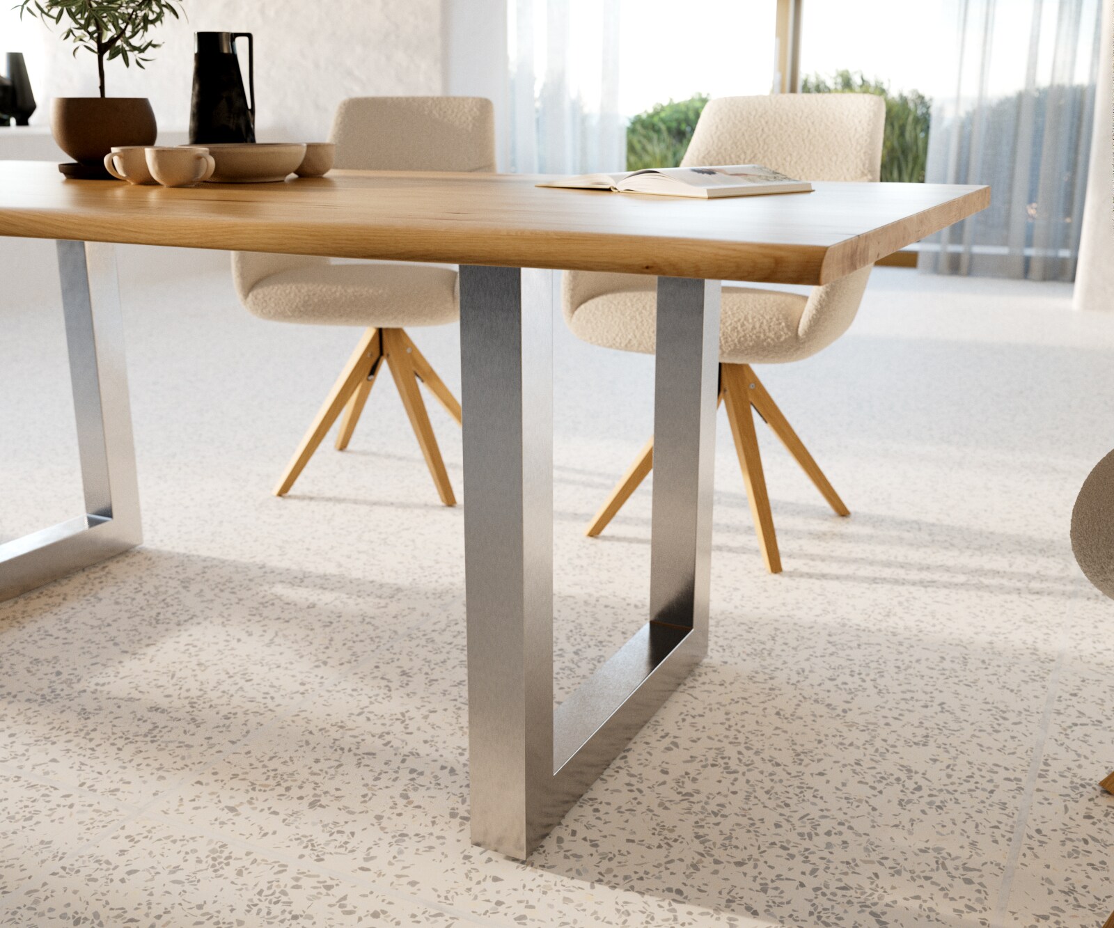 Table-à-manger Edge 200x100x2,5-3 chêne nature acier inoxydable large Live-Edge 6