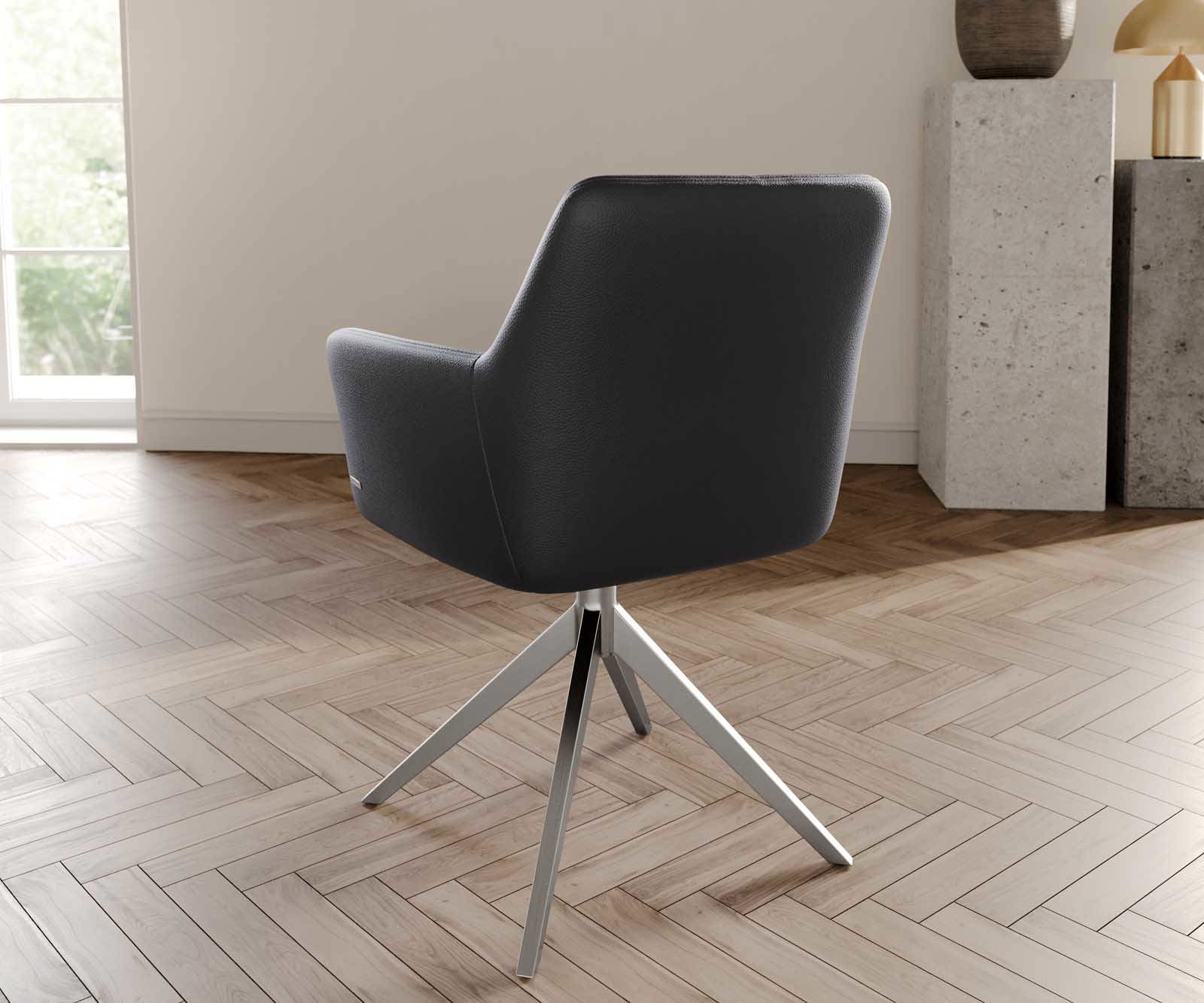 Chaise-pivotante Xana-Flex avec accoudoirs cuir de vache noir pied croisé large acier inoxydable brossé pivotement sur 360° ressorts ensachés 3