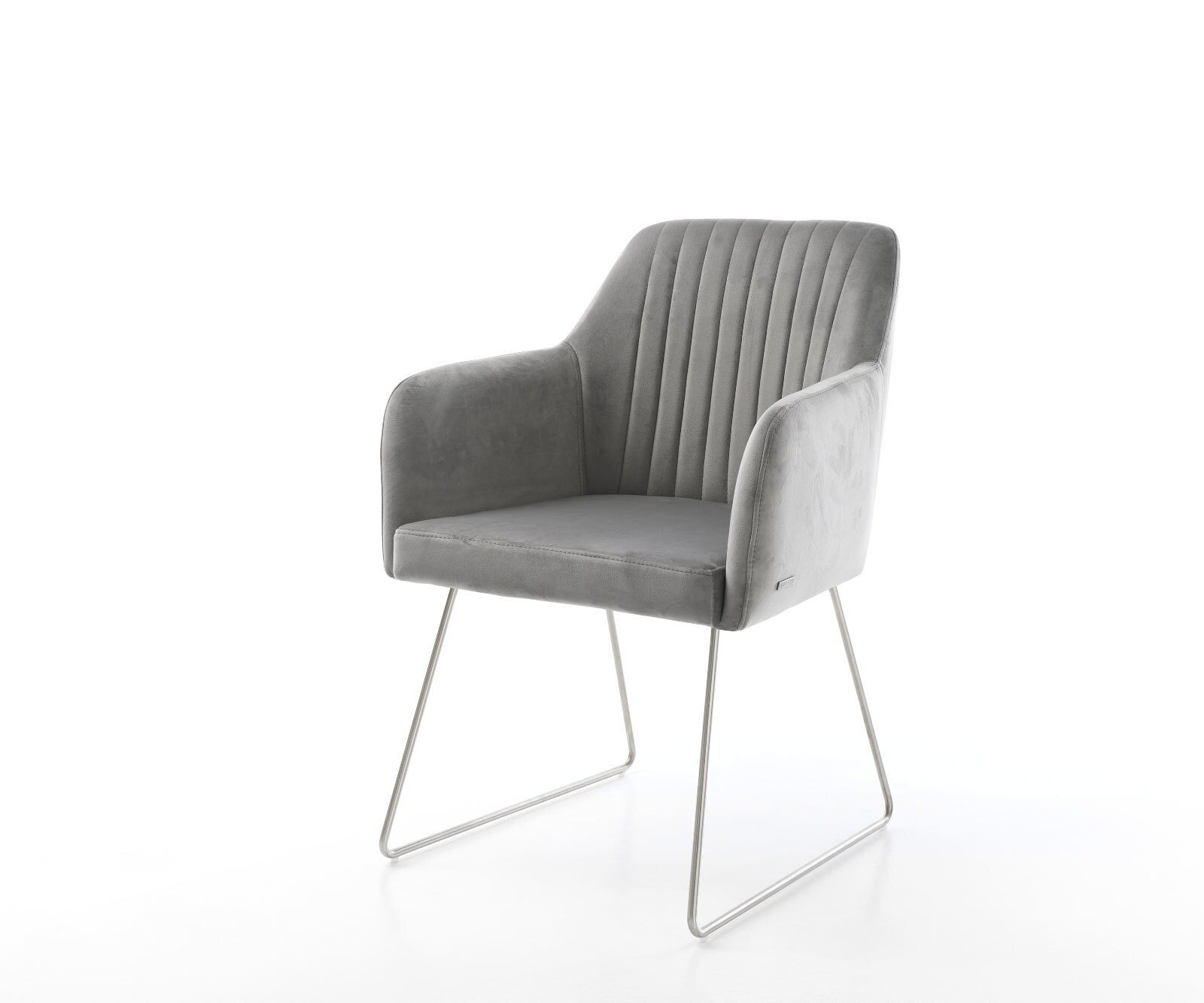 Chaise-de-salle-à-manger Greg-Flex velours gris pied trapèze acier inoxydable brossé ressorts ensachés