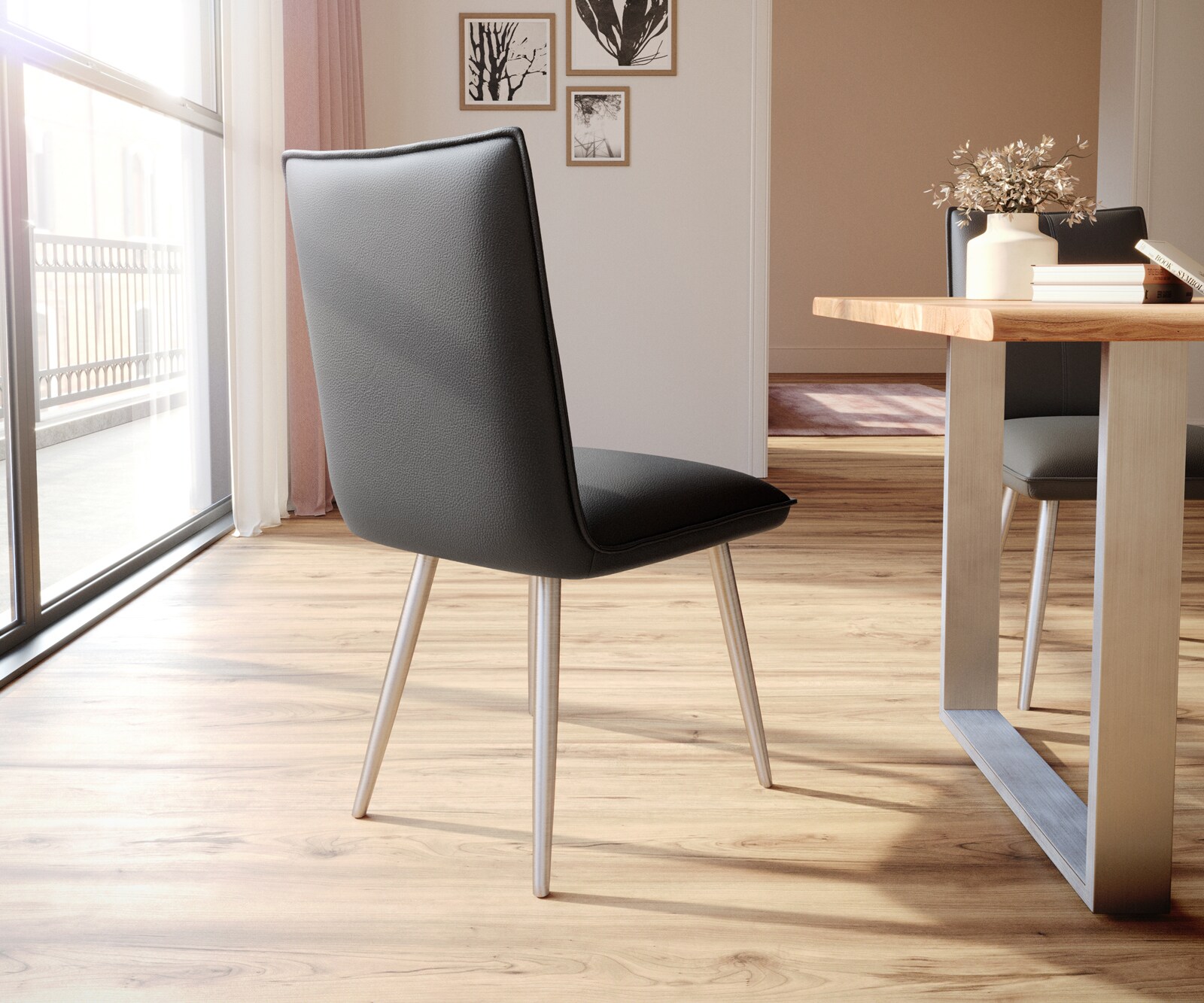 Chaise-de-salle-à-manger Lelio-Flex cuir de vache noir 4 pieds coniques acier inoxydable brossé ressorts ensachés 4