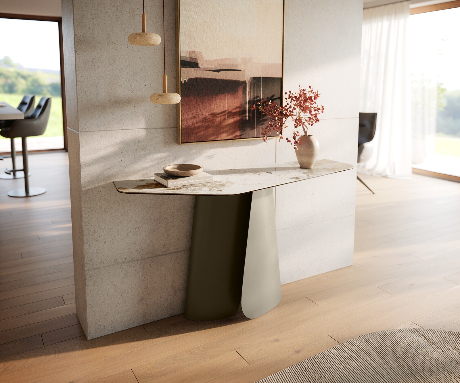 Console Edge Polygonal 140x50 cm Céramique Minas Melange Weiß-Beige Livos Métal Effektfinish Titan 1