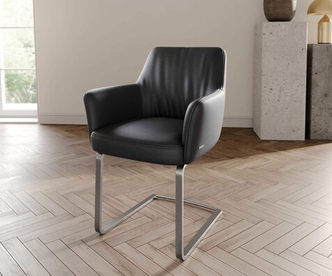 Cantilever Xana-Flex avec accoudoirs cuir de vache noir pied cantilever plat acier inoxydable brossé ressorts ensachés