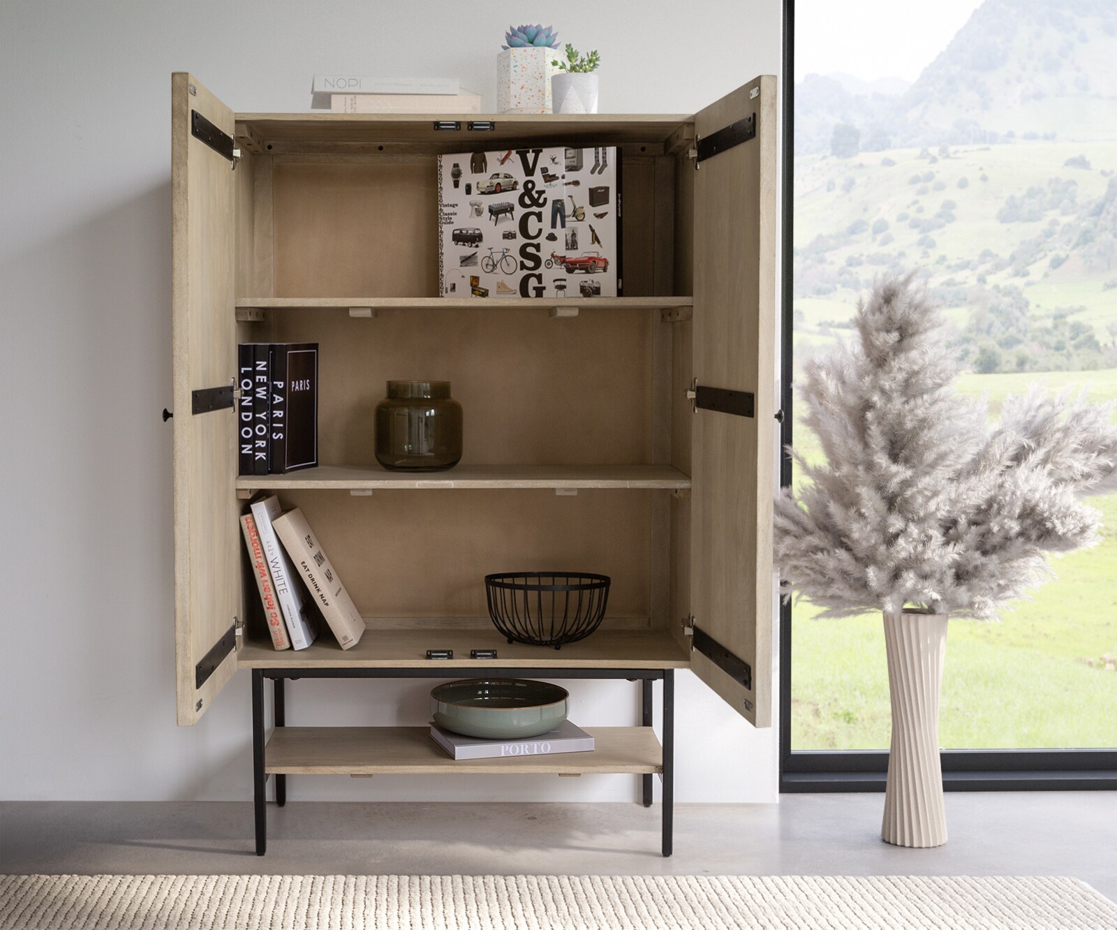 Buffet-hautNestos 90x140 cm Manguier White Wash Métal noir 2 portes 3