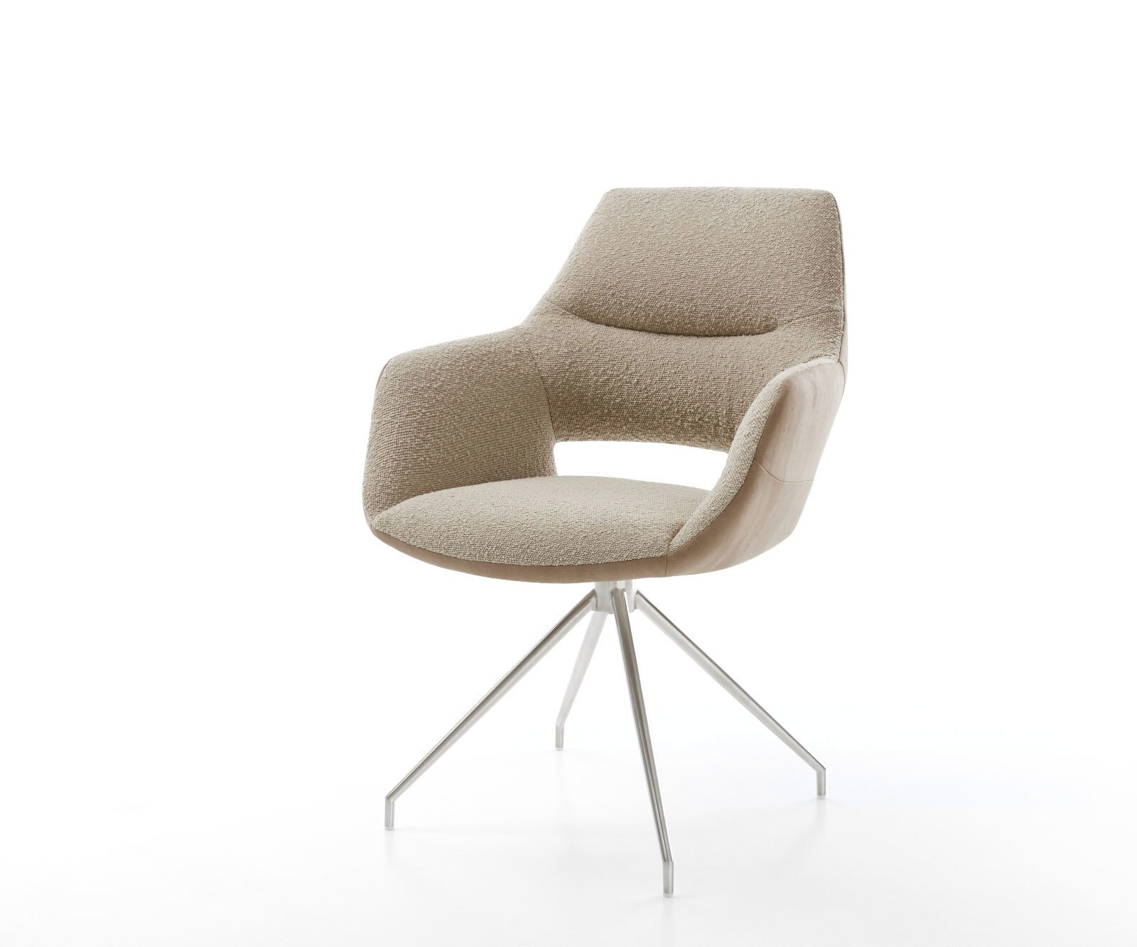 Chaise-pivotante Yago-Flex avec accoudoirs tissu mixte couleur boue pied croisé conique acier inoxydable brossé pivotement sur 180° ressorts ensachés
