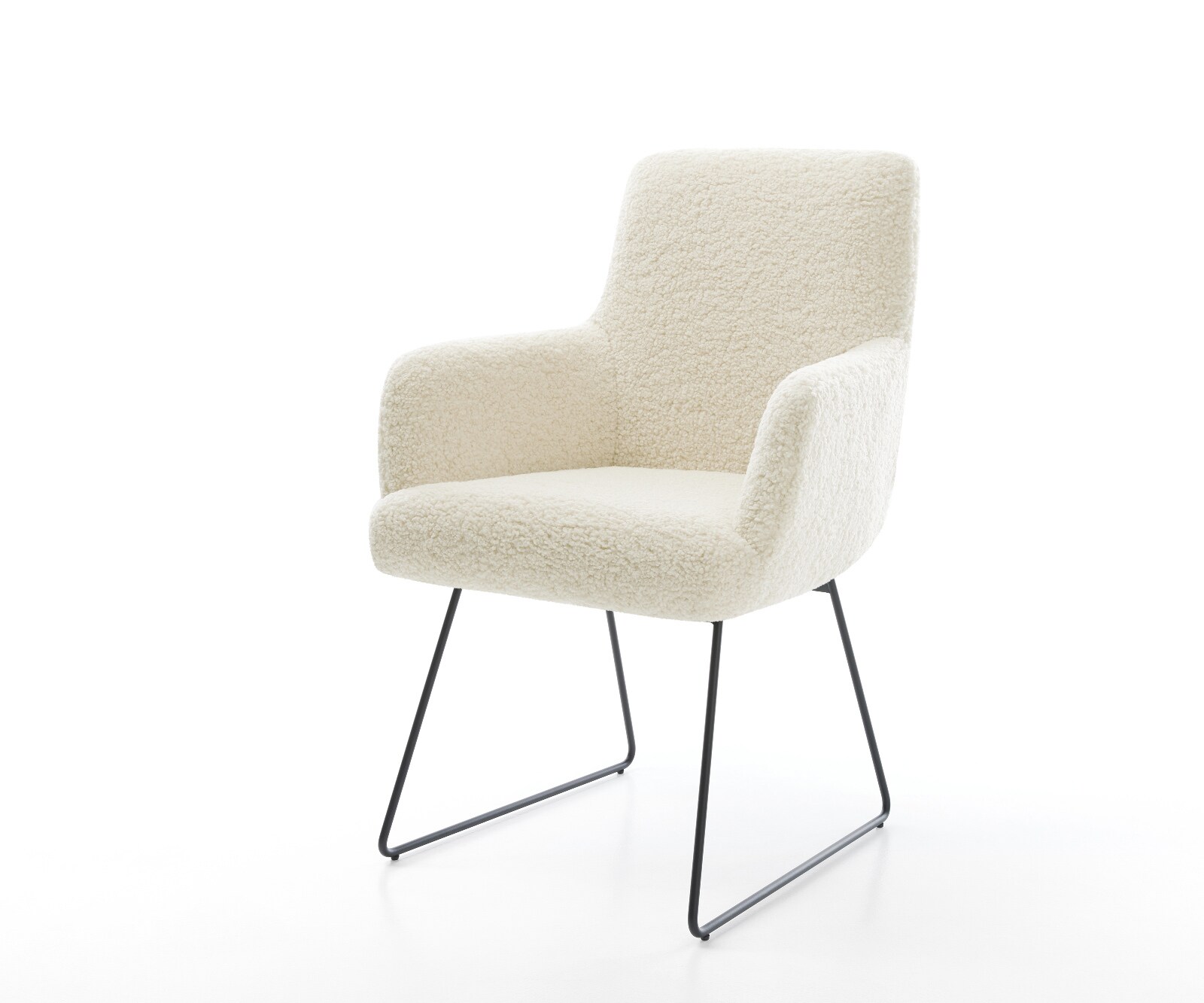 Chaise-de-salle-à-manger Heira-Flex avec accoudoirs tissu teddy beige pied trapèze noir resorts ensachés 1