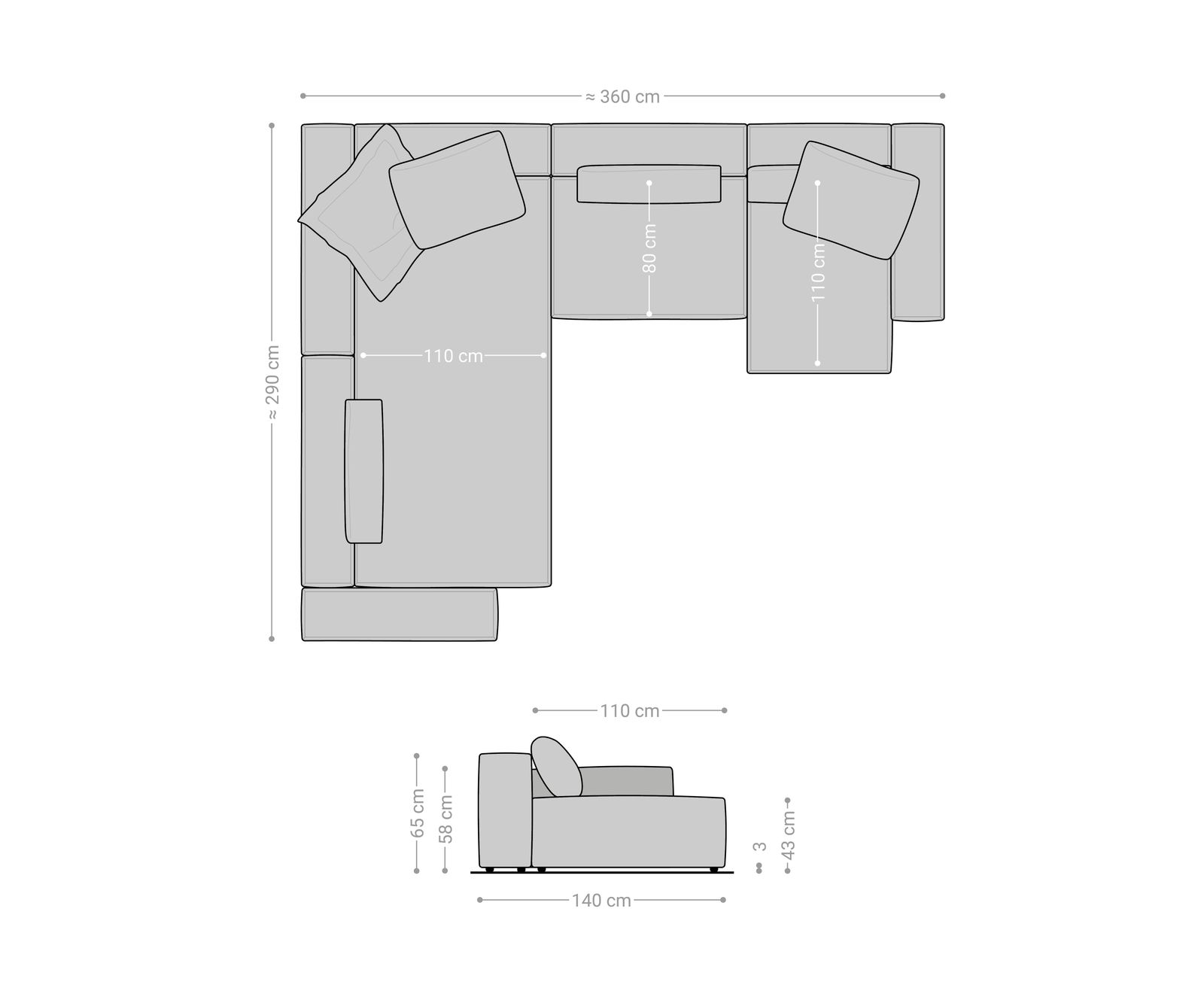 Canapé panoramique Freestyle 360x290 cm Tissu tissé doux Beige couture passepoilée 6