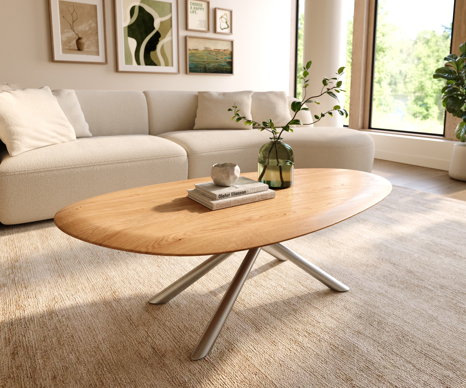 Table basse Edge Oval 140x75 cm chêne naturel bord arrondi Sarity acier inoxydable brossé 1