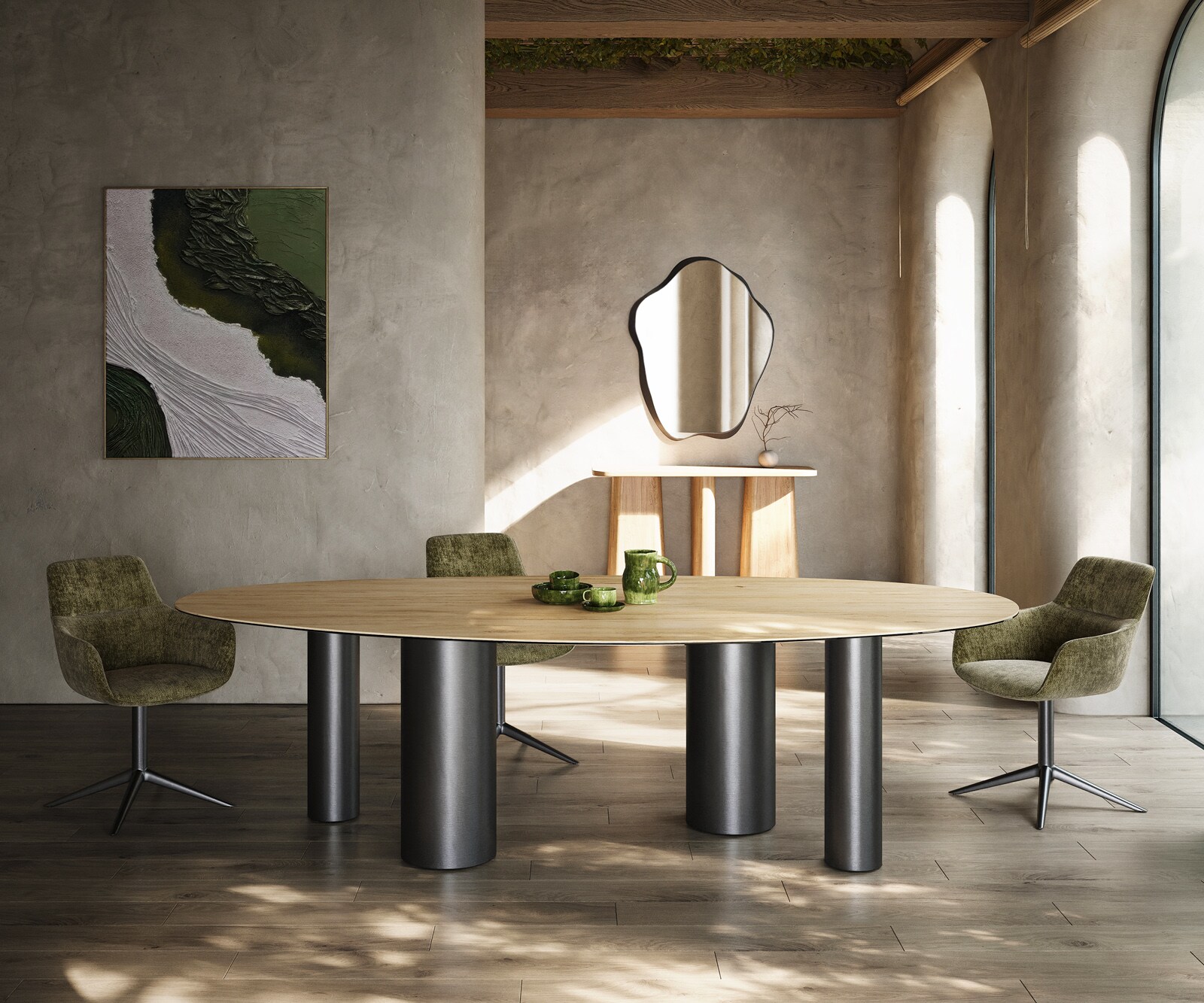 Table à manger Edge Ovale 280x130 Céramique Laminam® Sabbia Couleur chêne Pilier Acier inoxydable Graphite 2