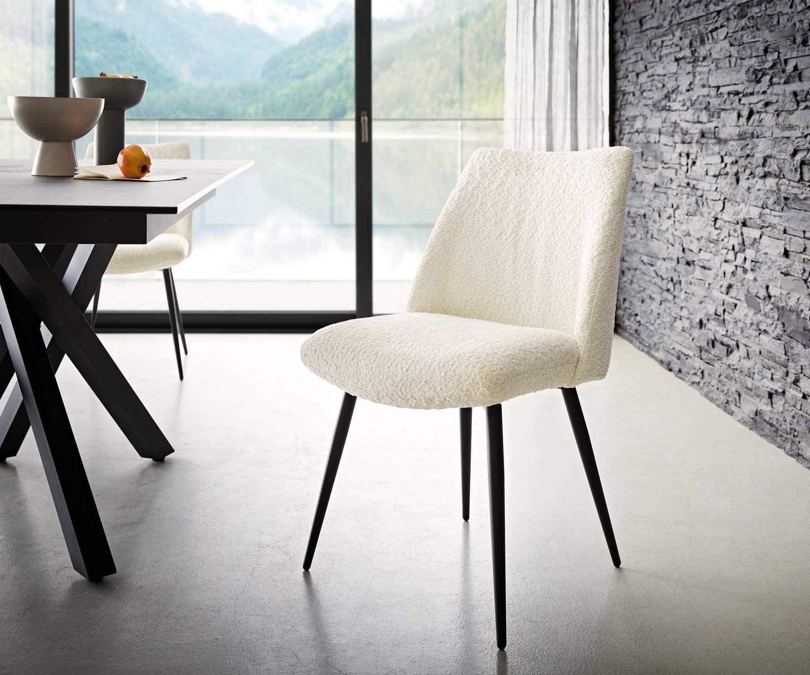 Chaise-de-salle-à-manger Elso-Flex bouclé blanc 4 pieds coniques noir ressorts ensachés Chaise-de-salle-à-manger Elso-Flex bouclé blanc 4 pieds coniques noir ressorts ensachés