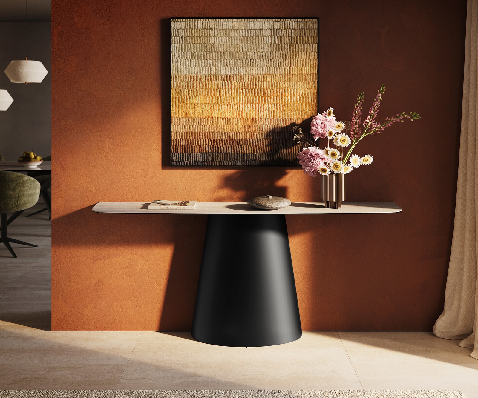 Console Edge forme bateau 180x40 cm Céramique Laminam® Travertino Bianco Creme-Weiß Conos Métal Noir 1