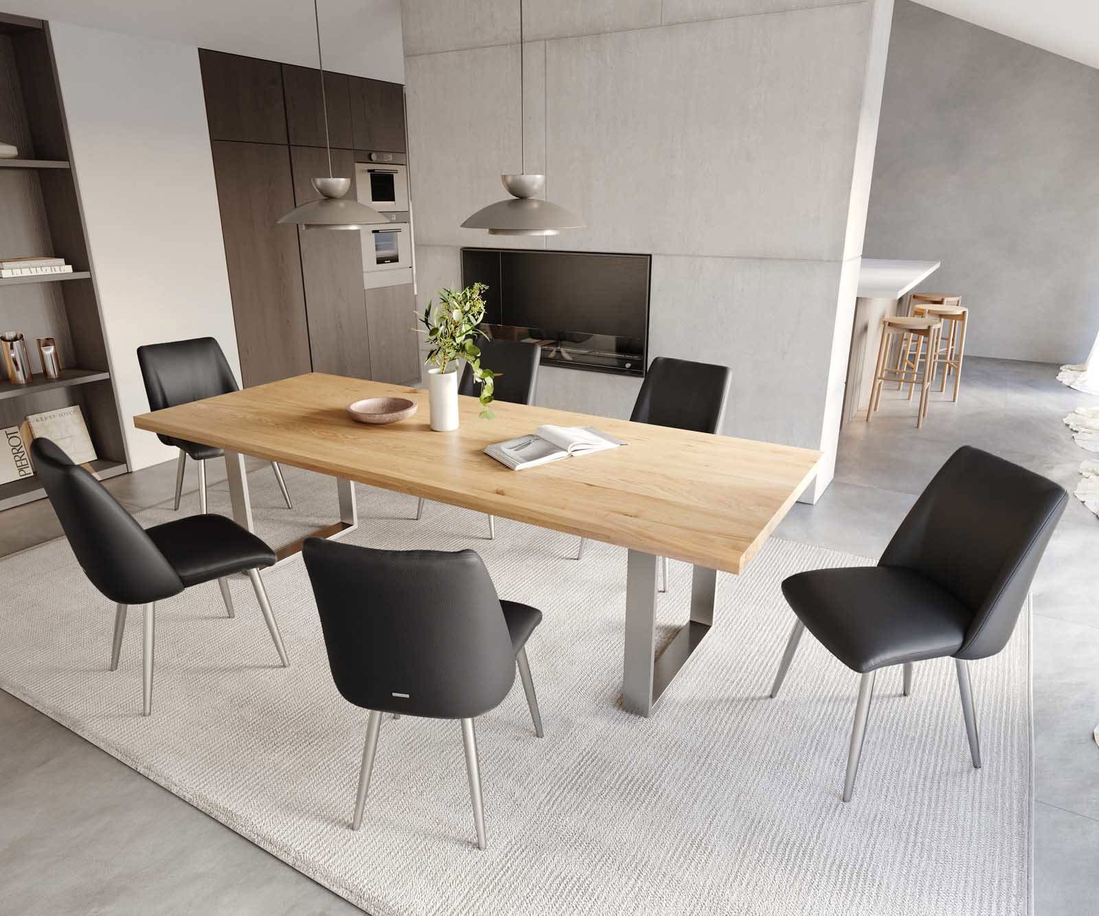 Chaise-de-salle-à-manger Elso-Flex cuir de vache noir 4 pieds coniques acier inoxydable brossé ressorts ensachés 4 Chaise-de-salle-à-manger Elso-Flex cuir de vache noir 4 pieds coniques acier inoxydable brossé ressorts ensachés 4