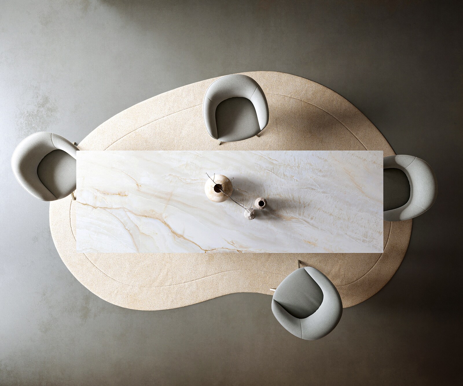 Table à manger Edge 300x100 cm céramique Onyx Pearl piètement en W métal finition effet titane 6