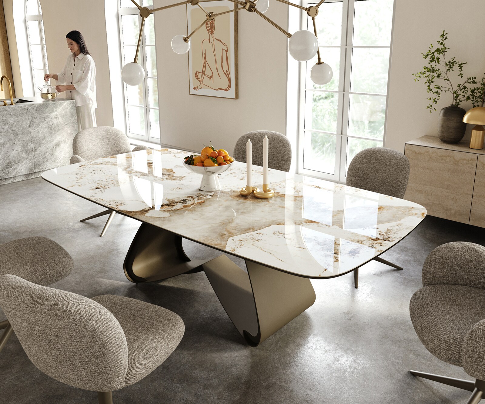 Table à manger Edge Boot 240x120 cm Céramique Minas Melange Blanc-Beige piètement en W Métal Finition effet Titan 1