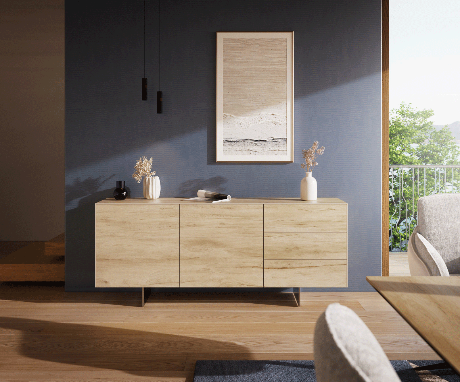 Buffet Cuor 180 cm Céramique Laminam® Sabbia Teinte chêne 2 Portes 3 Tiroirs Pied optique flottant Ancier inoxydable 2