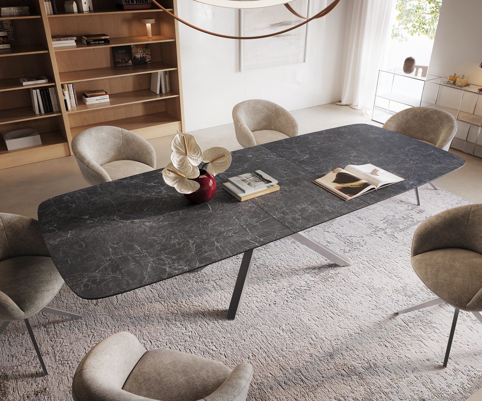 Table à manger Edge Boot 240-300x120 cm Céramique Laminam® Nero Greco Anthracite piètement en croix Rectangle Acier inoxydable extensible 4