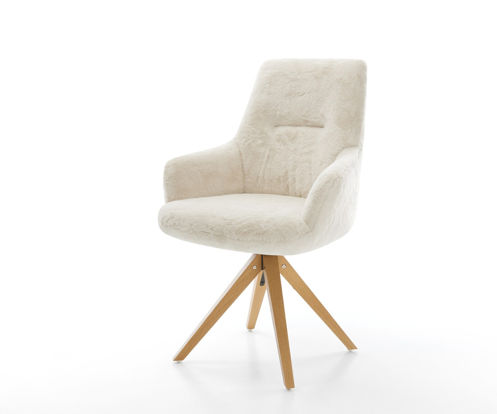 Chaise-pivotante Zelia-Flex avec accoudoirs peluche crème-blanc pied en bois angulaire naturel pivotement sur 180° resorts ensachés