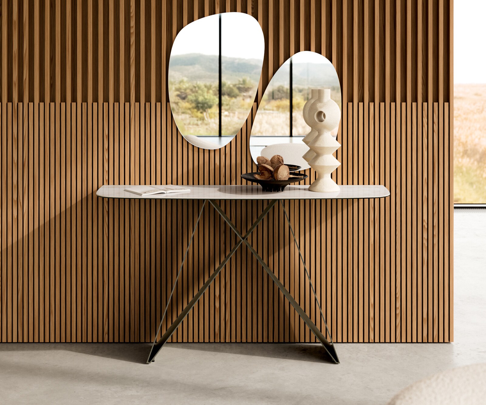 Console Edge forme bateau 140x40 cm Céramique Onyx Champagne Velio Métal Effektfinish Titan 1