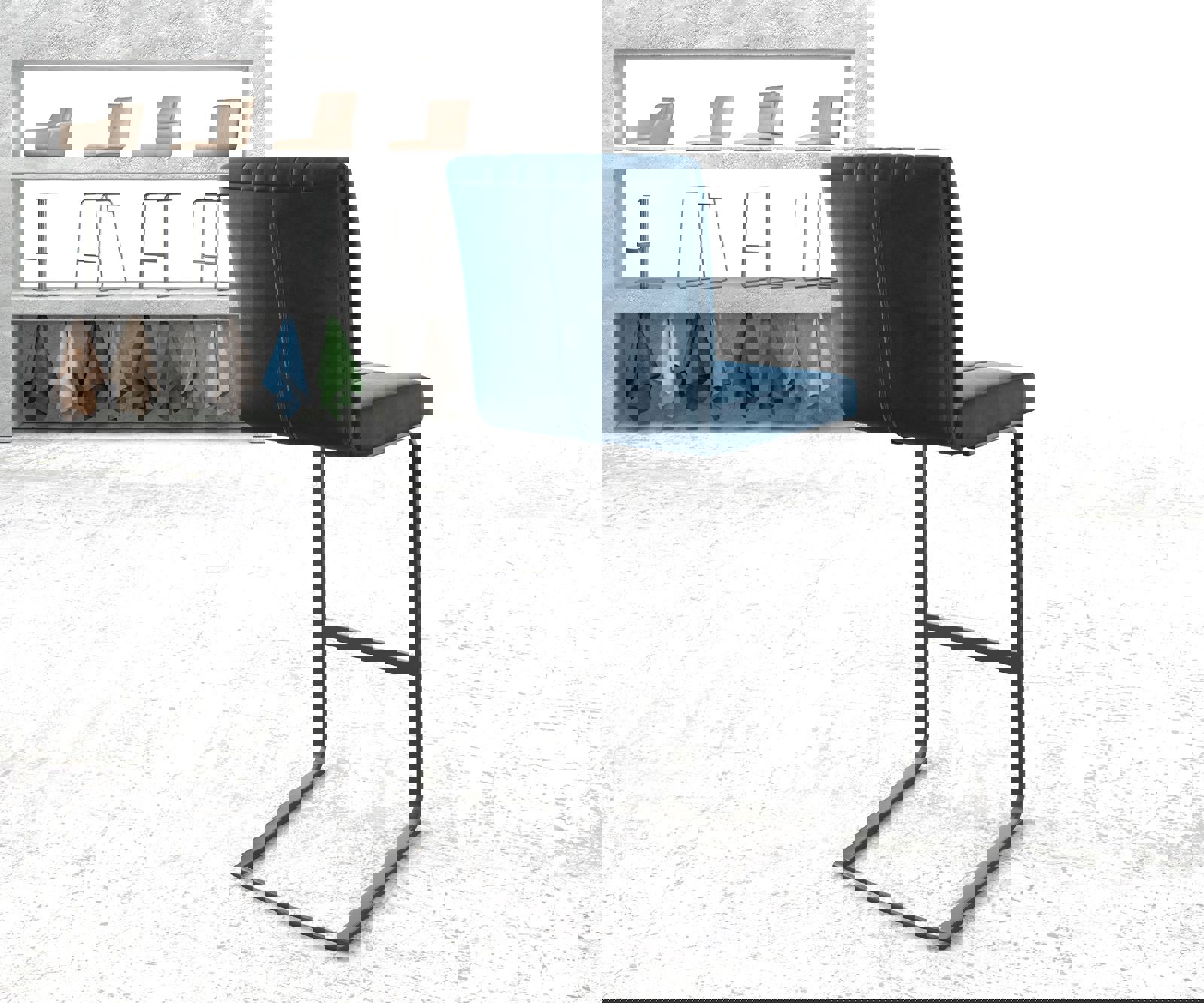 Chaise-de-bar Luiga-Flex velours bleu chaise cantilever métal plat 2 Chaise-de-bar Luiga-Flex velours bleu chaise cantilever métal plat 2