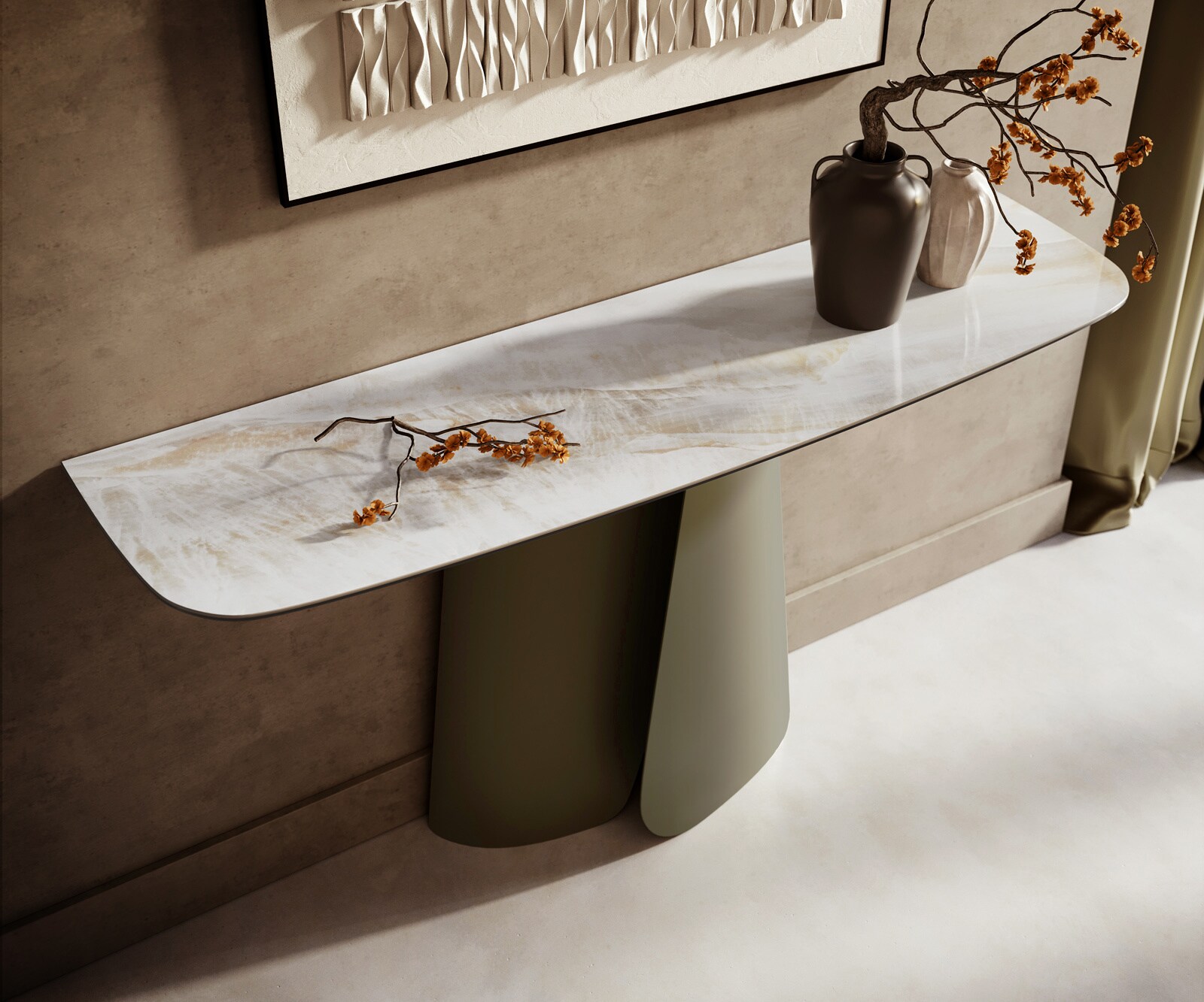 Console Edge forme bateau 140x40 cm Céramique Onyx Pearl Livos Métal Effektfinish Titan 2