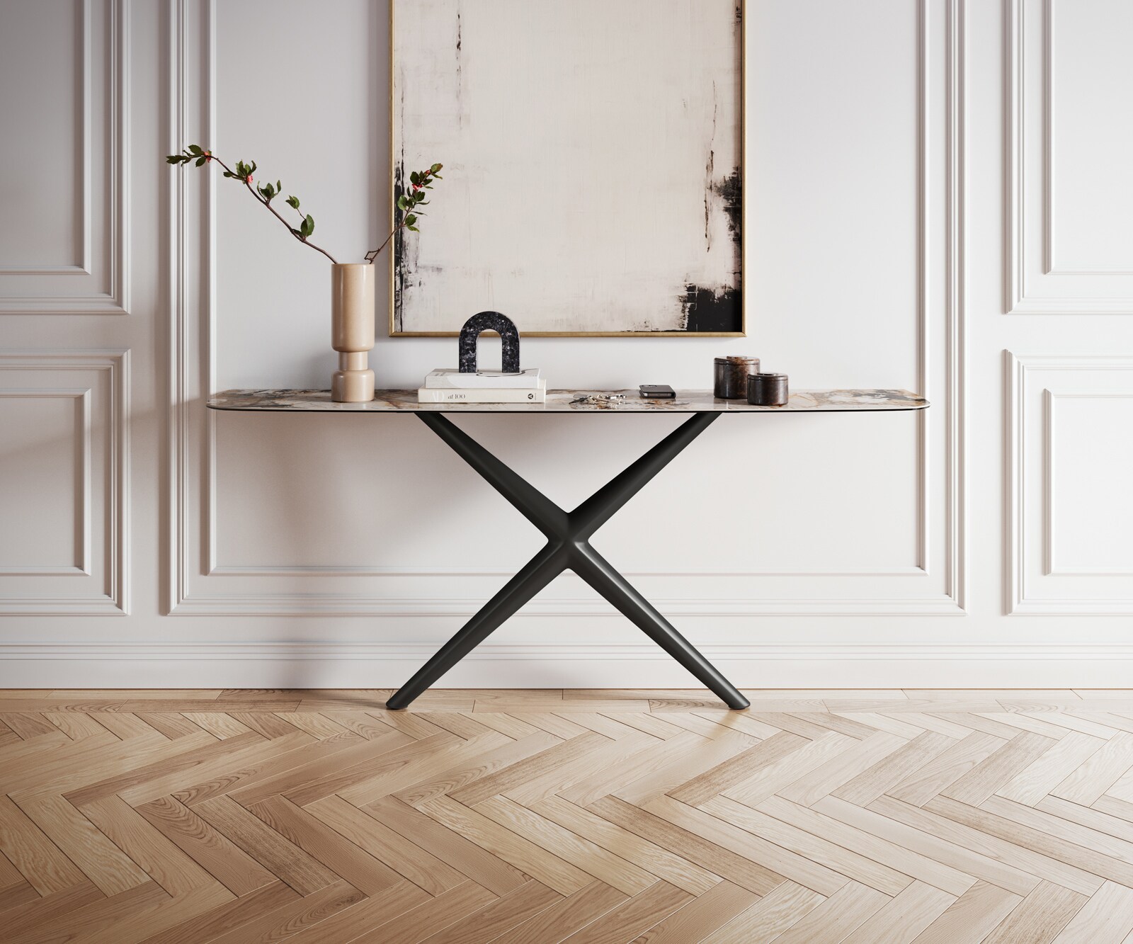 Console Edge forme bateau 180x40 cm Céramique Patagonia Poliert Estelo Métal Noir 1