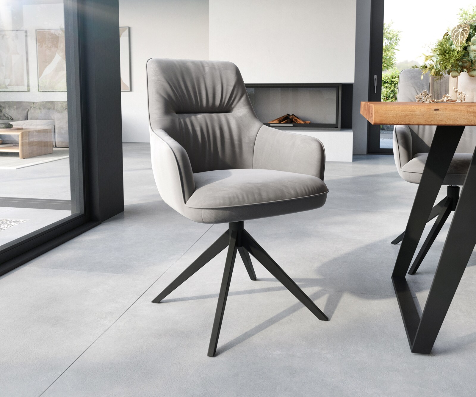 Chaise-de-salle-à-manger Zelia-Flex avec accoudoirs velours gris pied croisé large noir ressorts ensachés 1